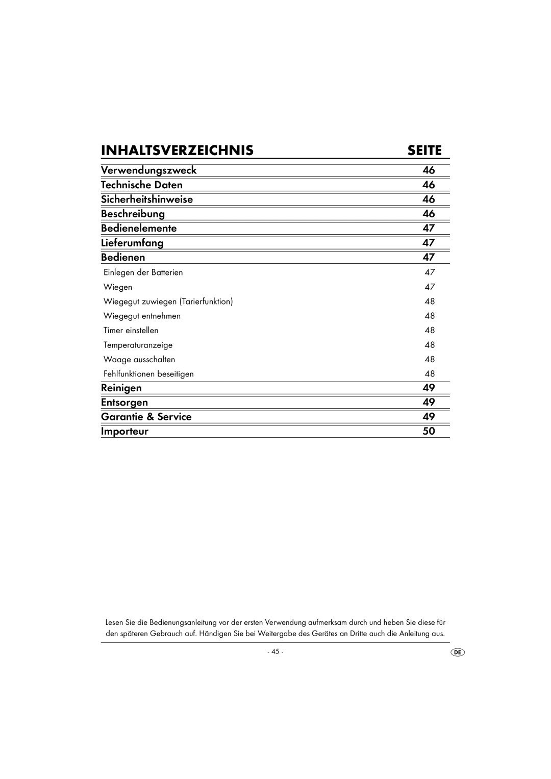 Kompernass KH 1156 operating instructions Inhaltsverzeichnis Seite, Reinigen Entsorgen Garantie & Service Importeur 