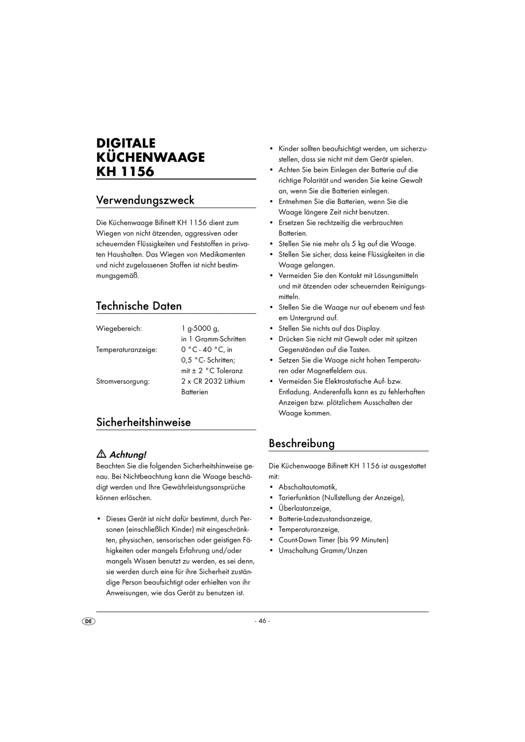 Kompernass KH 1156 Digitale Küchenwaage, Verwendungszweck, Technische Daten, Sicherheitshinweise, Beschreibung 