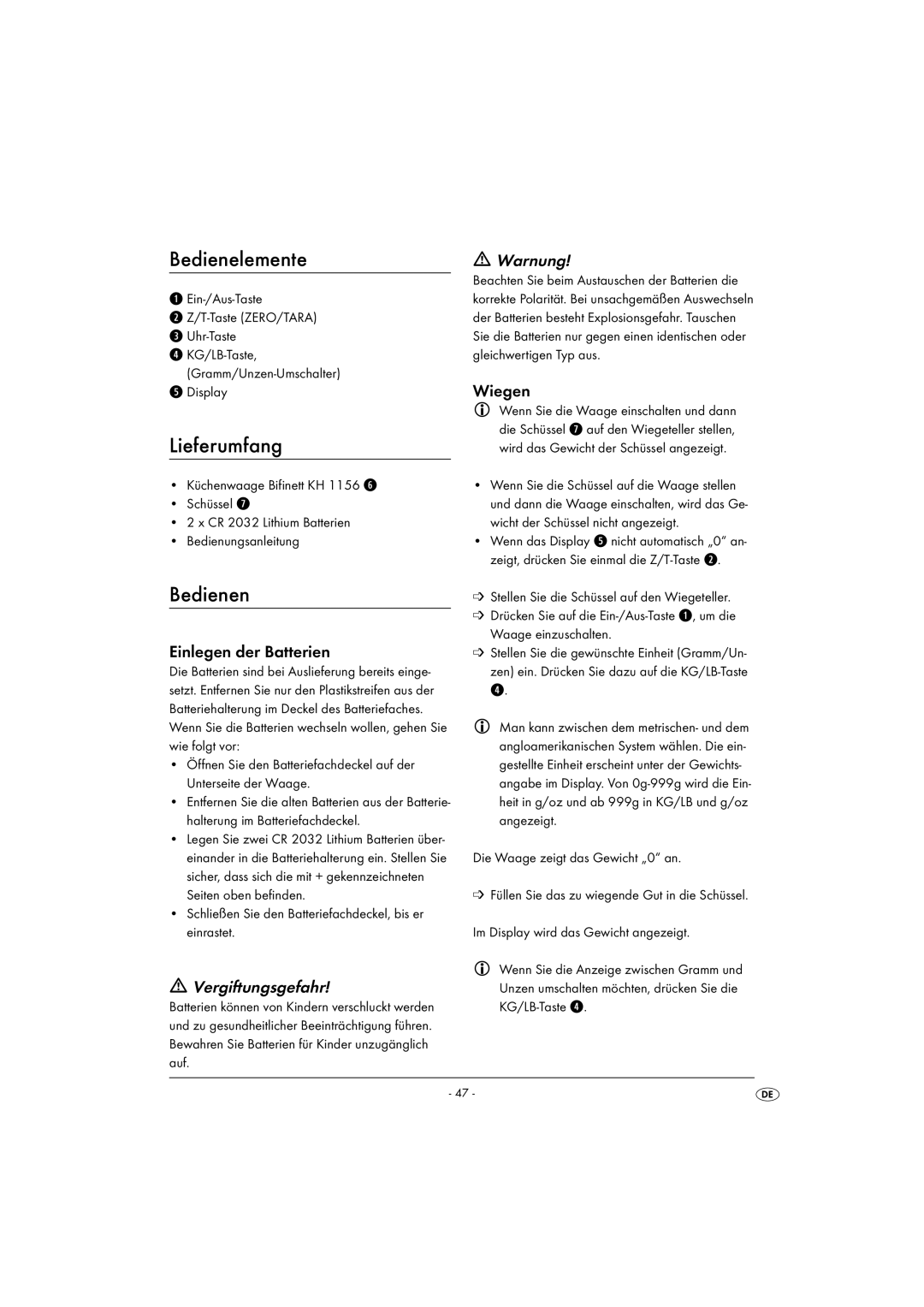 Kompernass KH 1156 operating instructions Bedienelemente, Lieferumfang, Bedienen, Vergiftungsgefahr, Warnung 