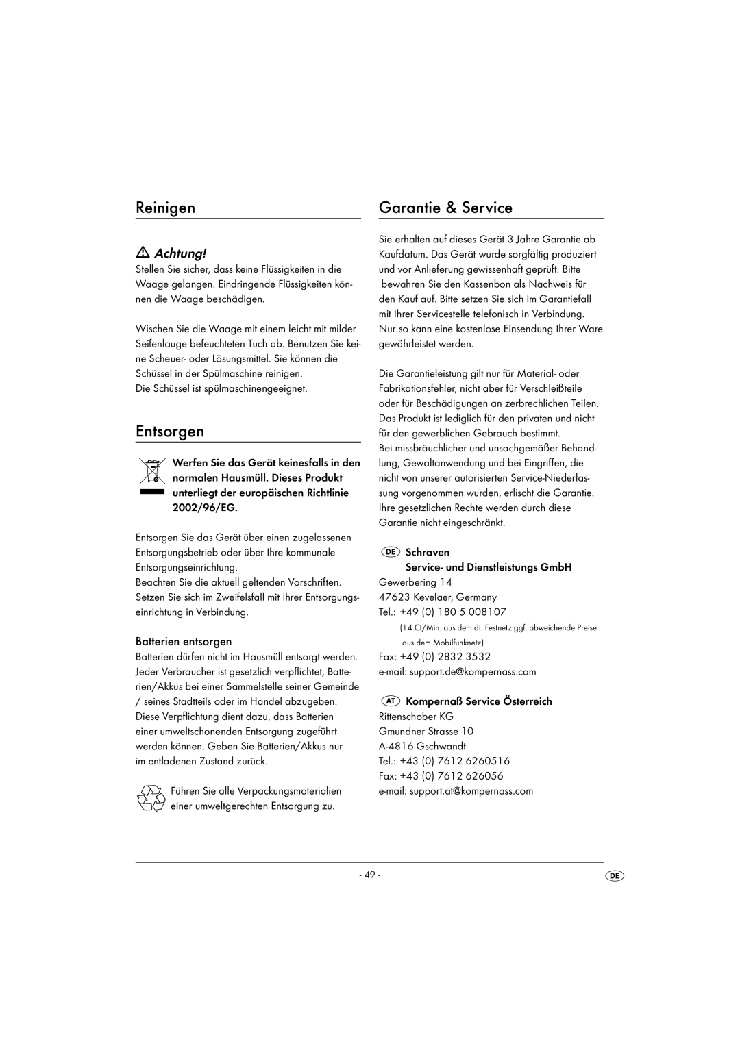 Kompernass KH 1156 operating instructions Reinigen Garantie & Service, Entsorgen, Die Schüssel ist spülmaschinengeeignet 