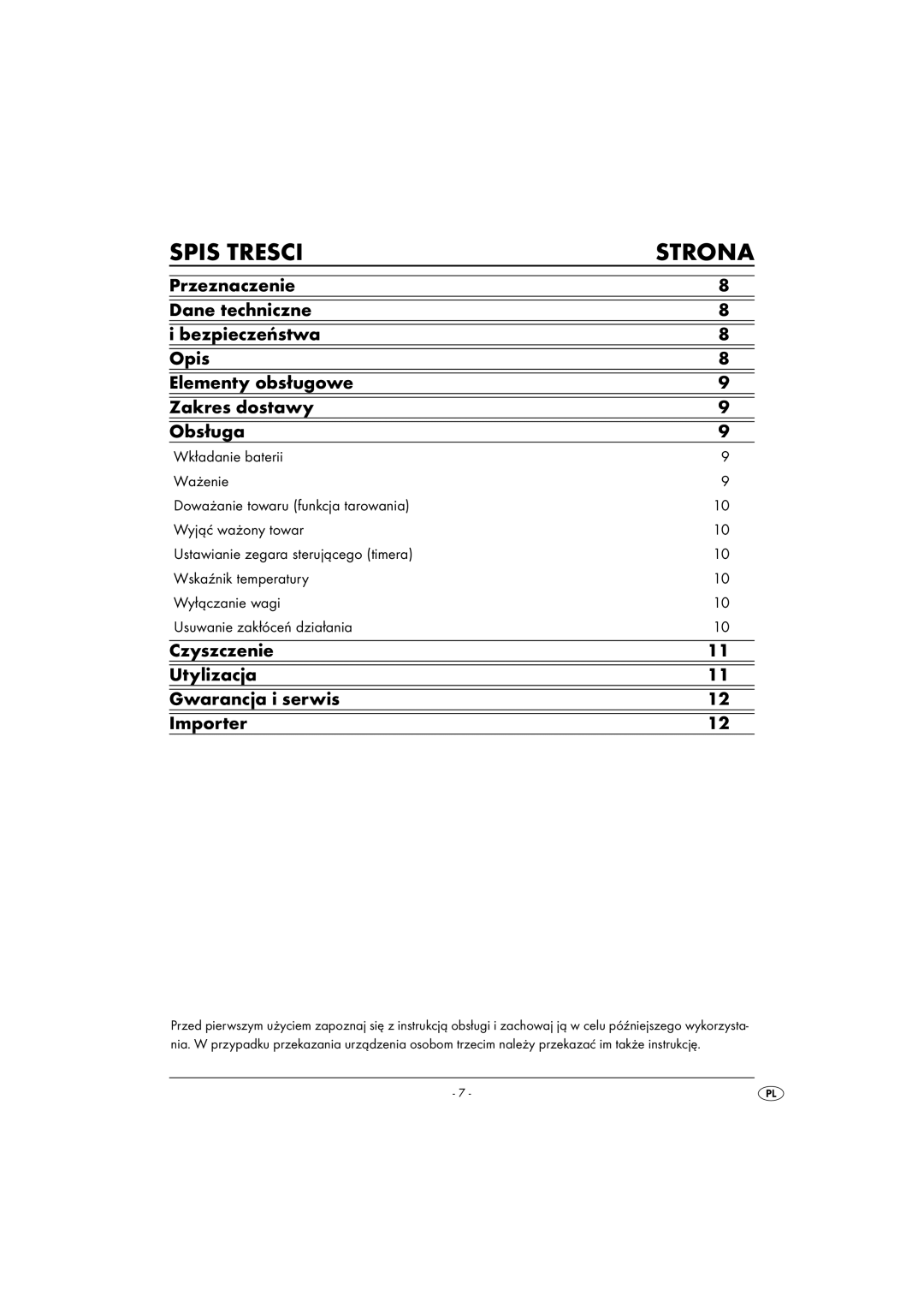 Kompernass KH 1156 operating instructions Spis Tresci Strona, Czyszczenie Utylizacja Gwarancja i serwis Importer 