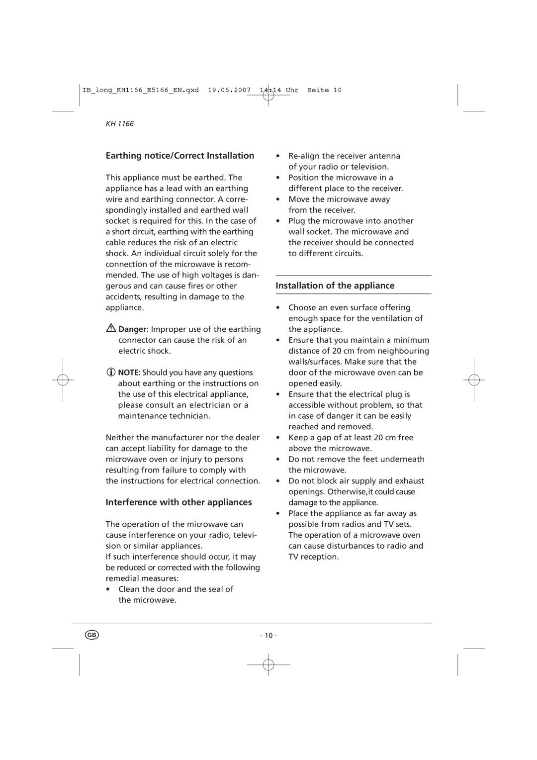 Kompernass KH 1166 Earthing notice/Correct Installation, Interference with other appliances, Installation of the appliance 