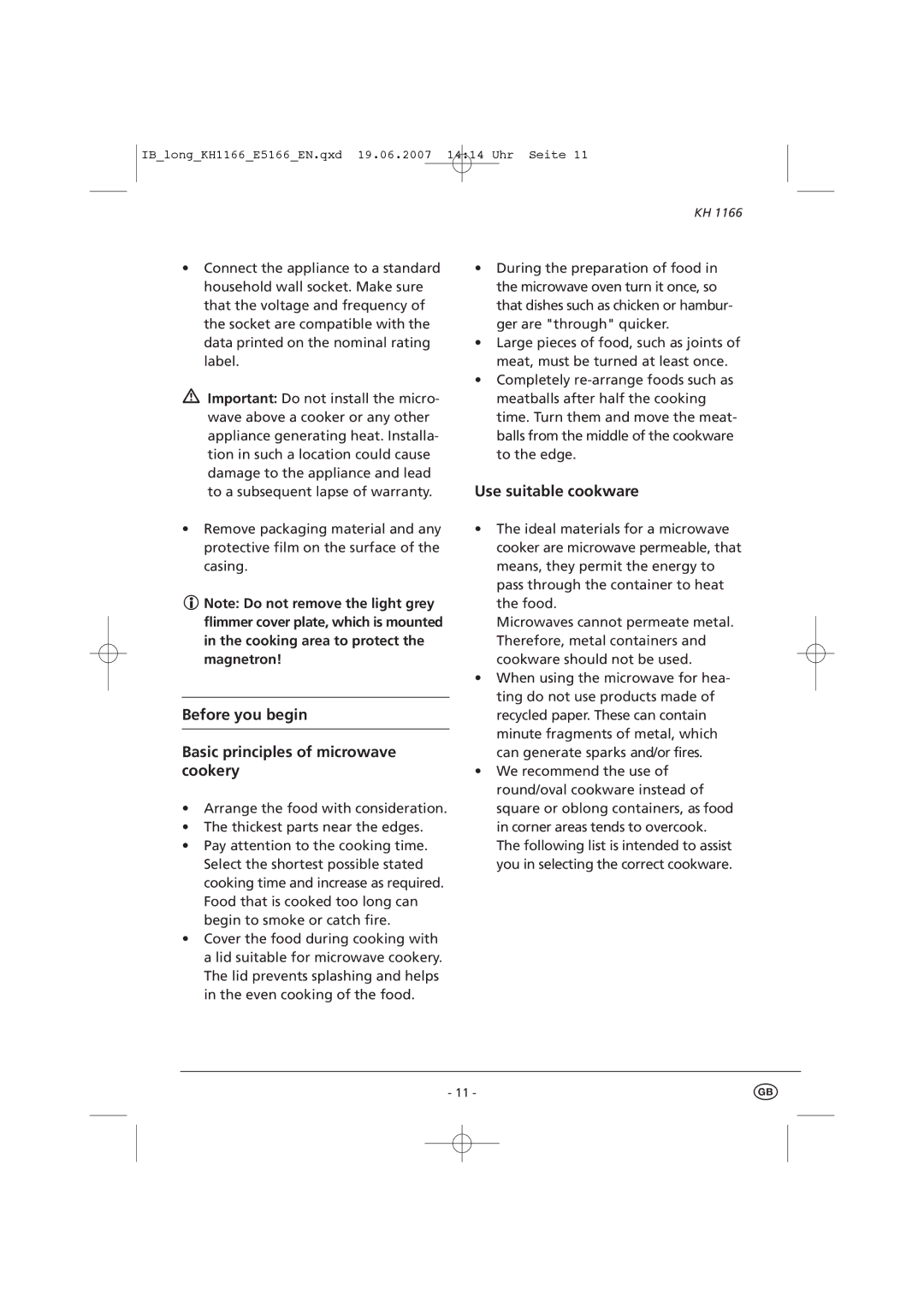 Kompernass KH 1166 manual Before you begin Basic principles of microwave cookery, Use suitable cookware 