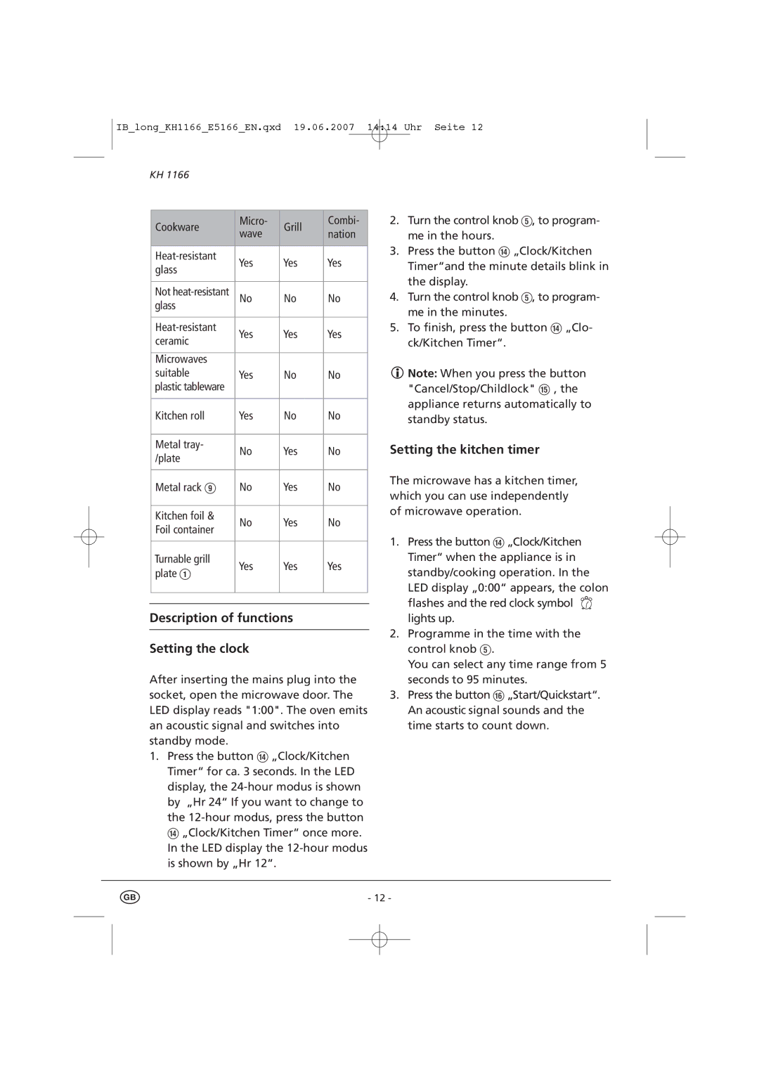 Kompernass KH 1166 manual Description of functions Setting the clock, Setting the kitchen timer 