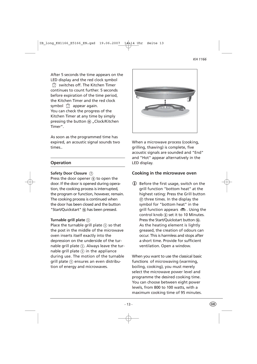 Kompernass KH 1166 manual Cooking in the microwave oven, Safety Door Closure U, Turnable grill plate Q 