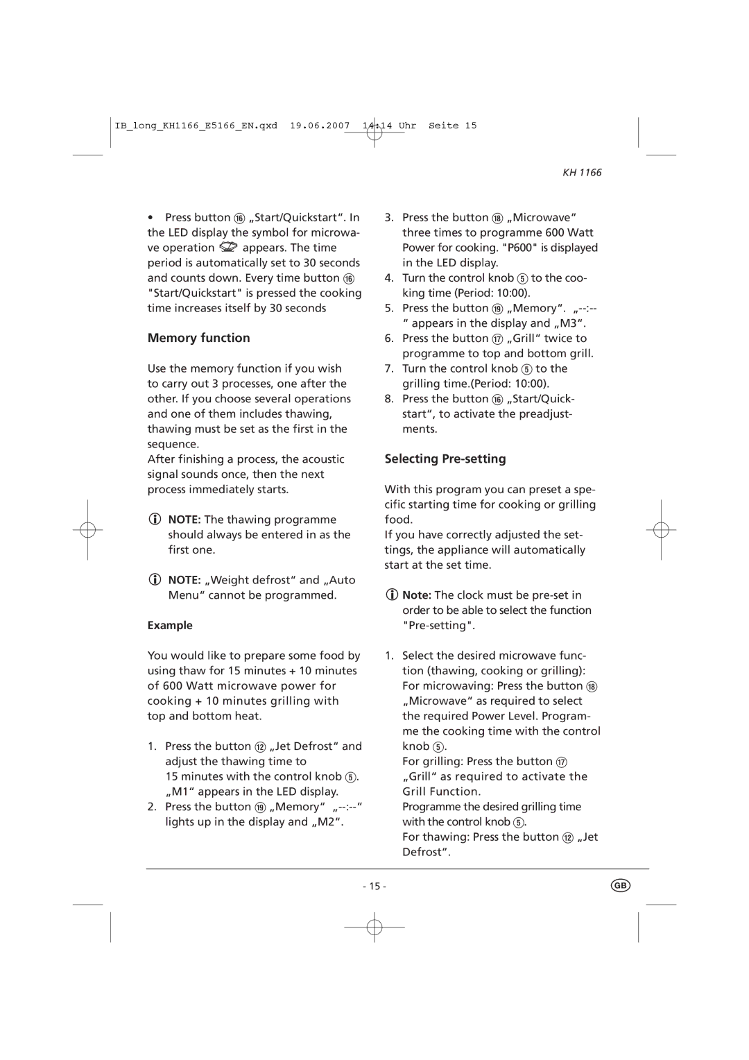 Kompernass KH 1166 manual Memory function, Selecting Pre-setting, Example 