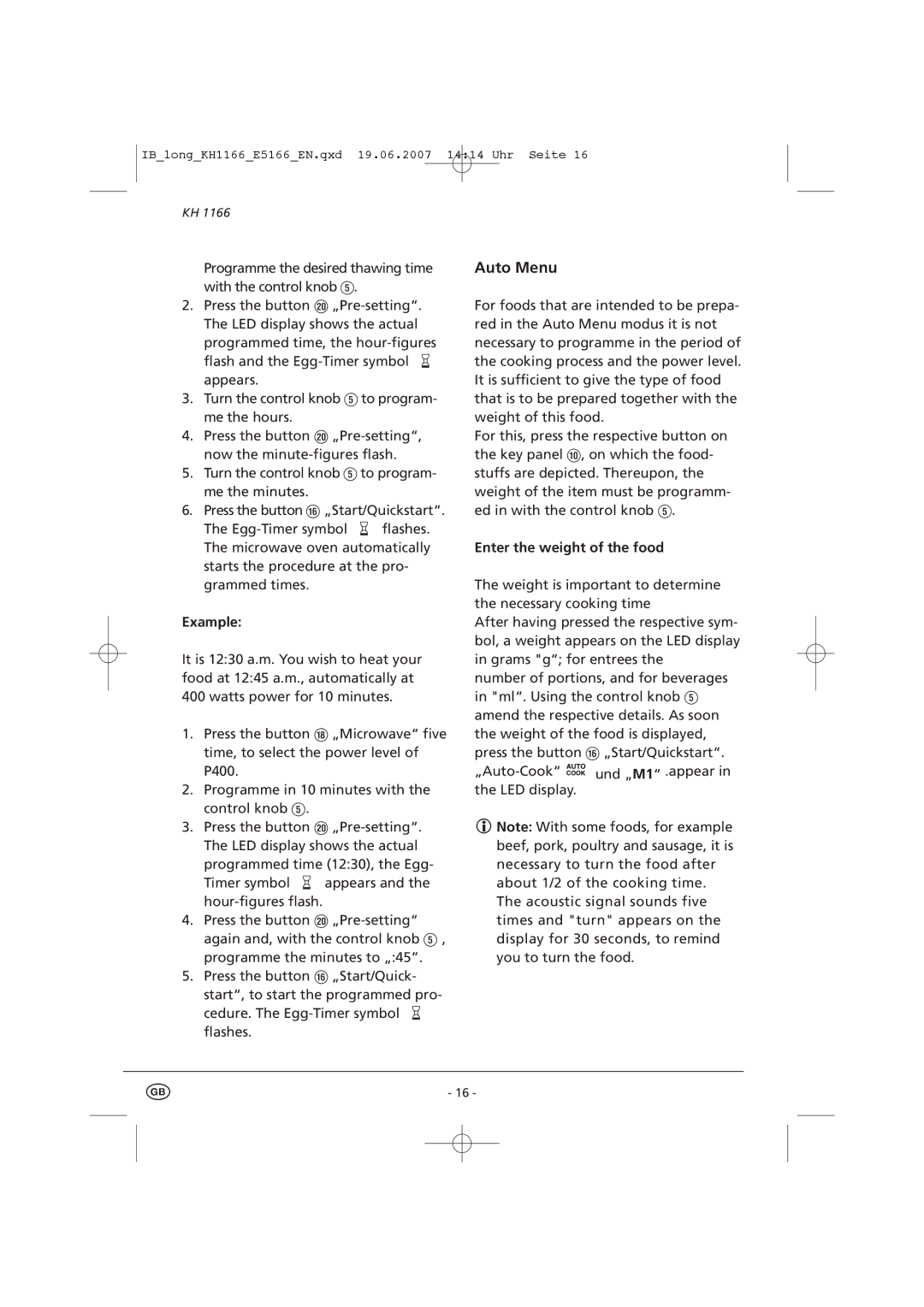 Kompernass KH 1166 manual Auto Menu, Enter the weight of the food 