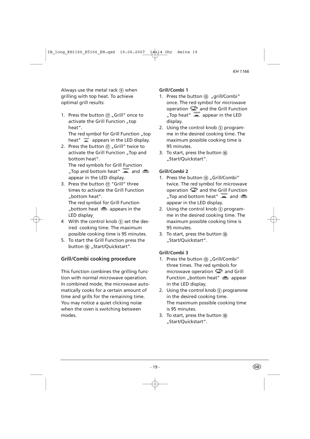 Kompernass KH 1166 manual Grill/Combi cooking procedure 