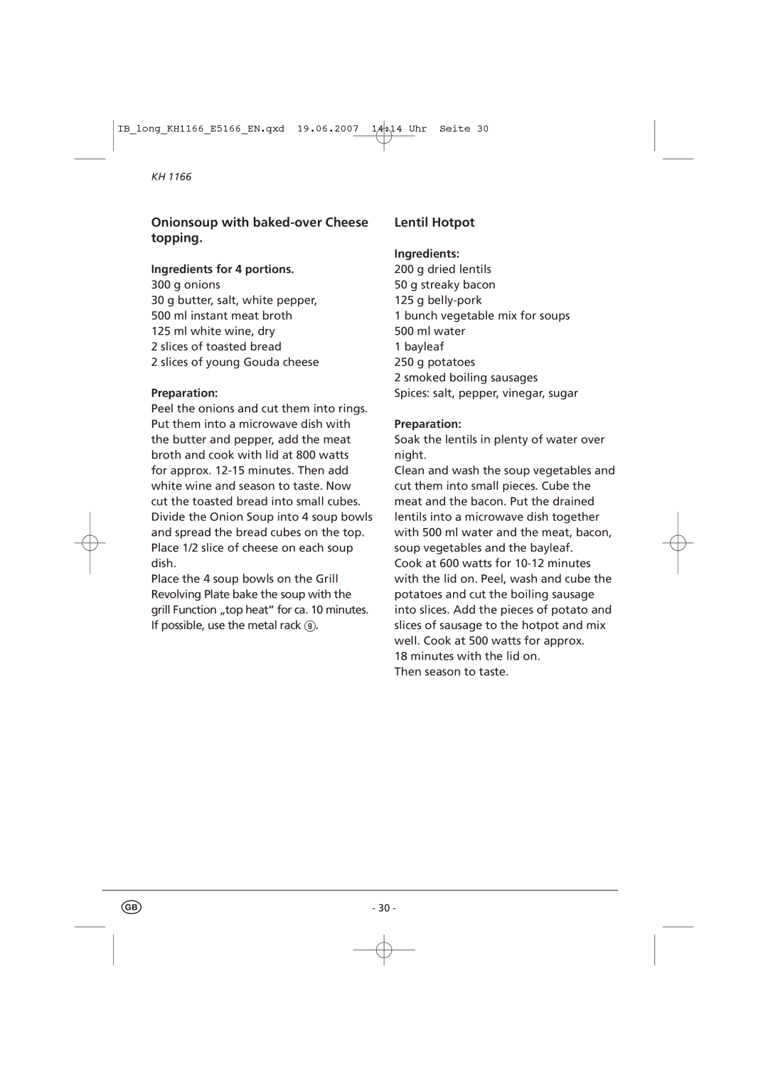 Kompernass KH 1166 manual Onionsoup with baked-over Cheese topping, Lentil Hotpot, Ingredients for 4 portions 