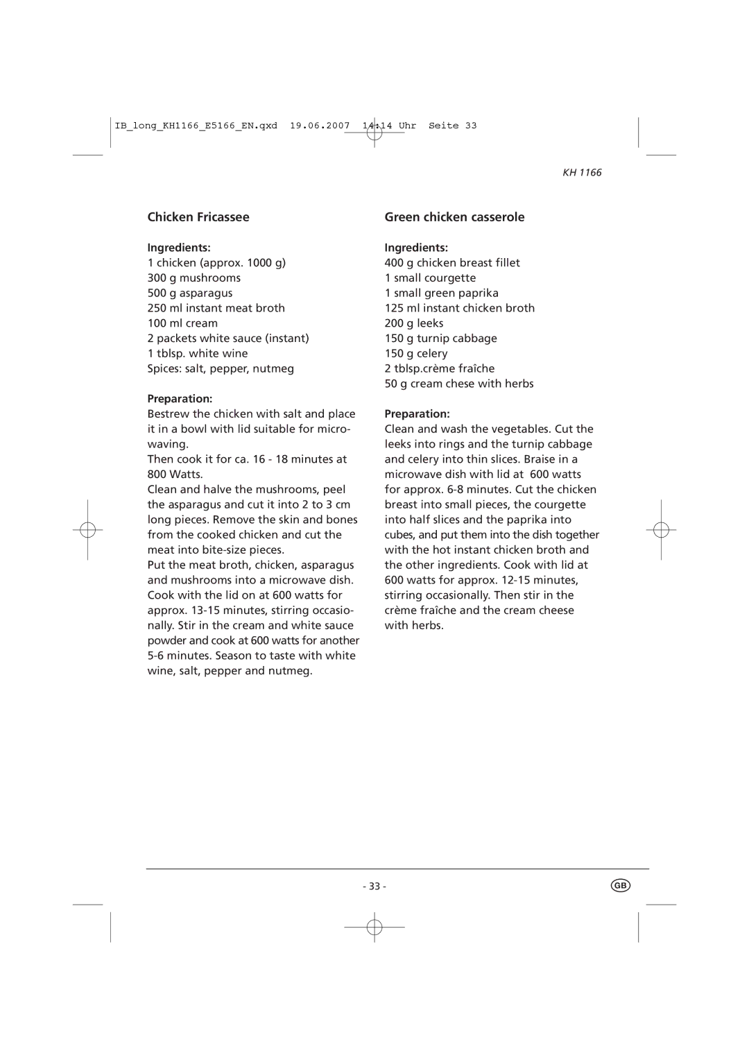 Kompernass KH 1166 manual Chicken Fricassee, Green chicken casserole 