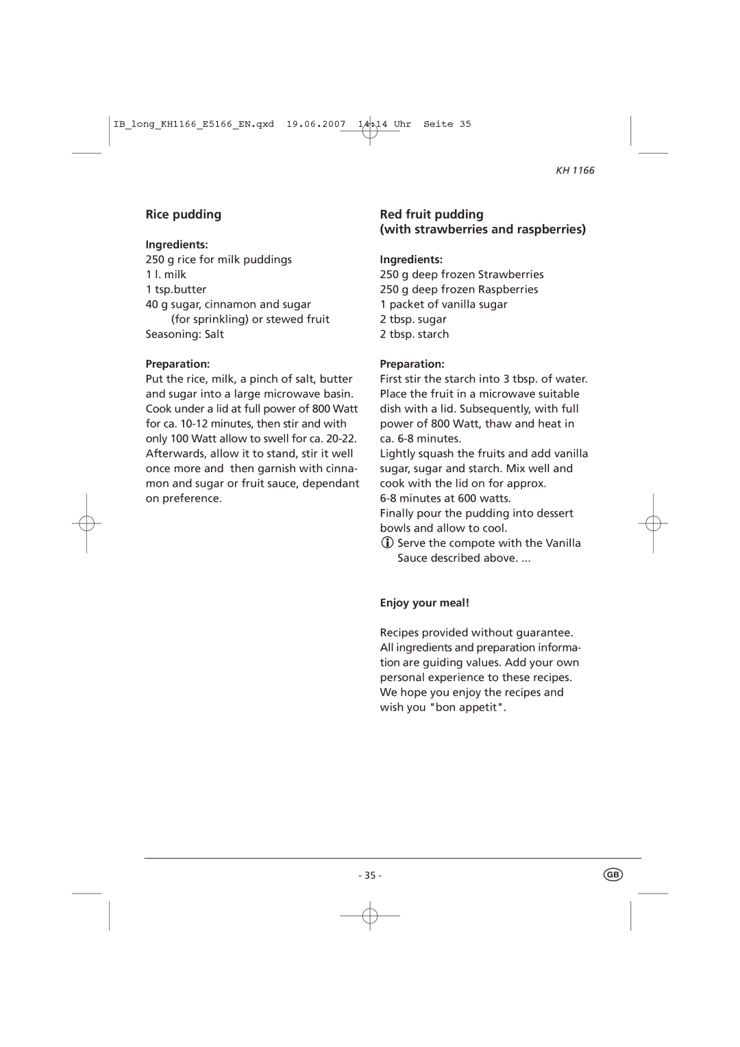 Kompernass KH 1166 manual Rice pudding, Red fruit pudding With strawberries and raspberries, Enjoy your meal 