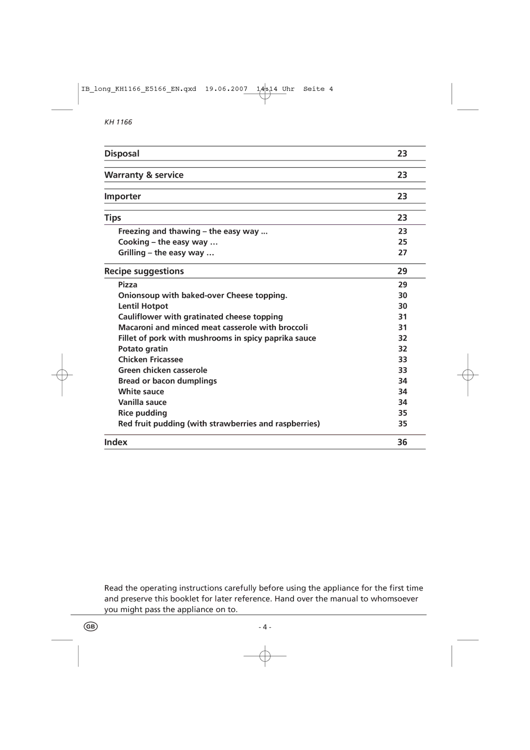 Kompernass KH 1166 manual Disposal Warranty & service Importer Tips, Recipe suggestions, Index 