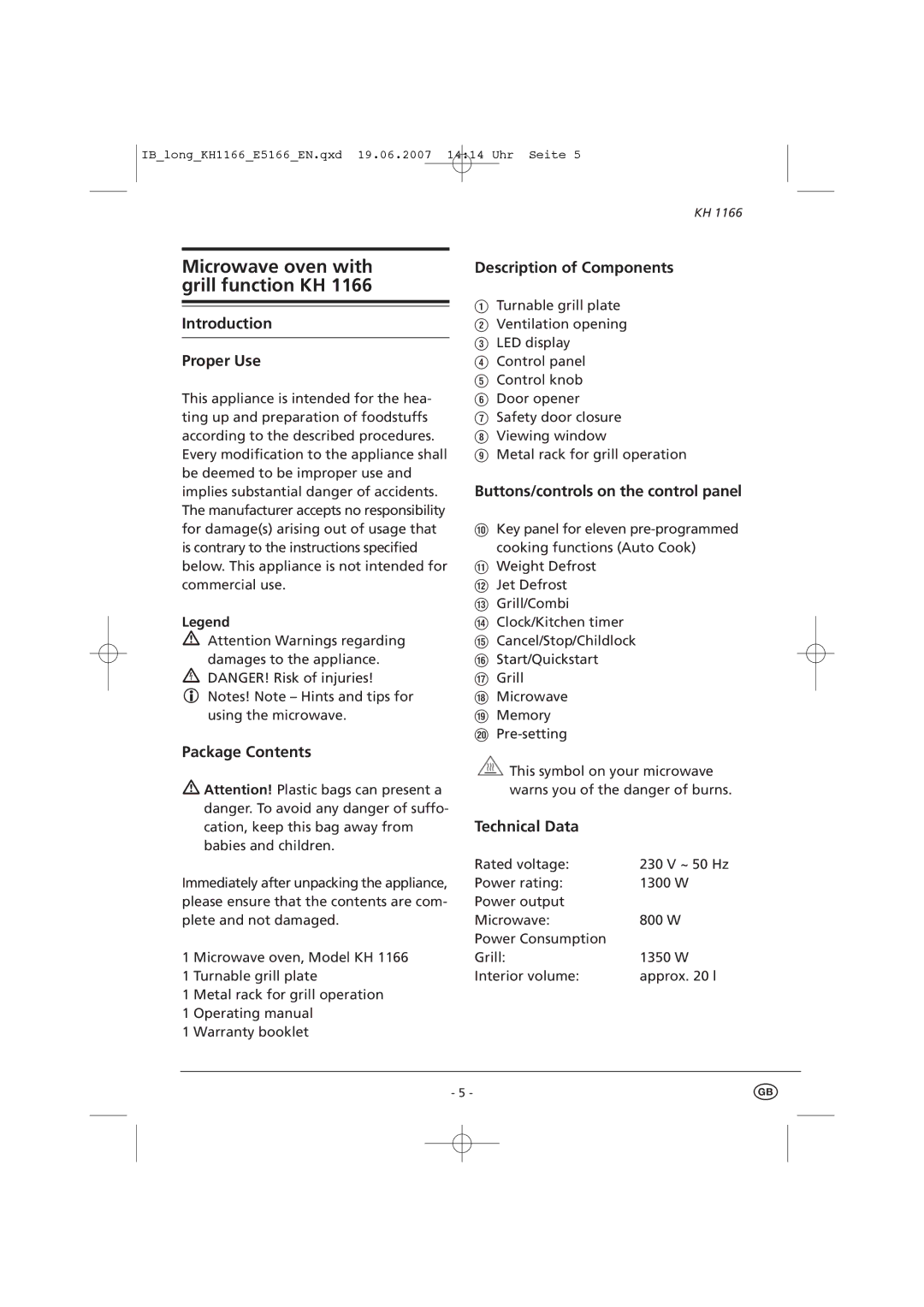 Kompernass KH 1166 manual Introduction Proper Use, Description of Components, Buttons/controls on the control panel 