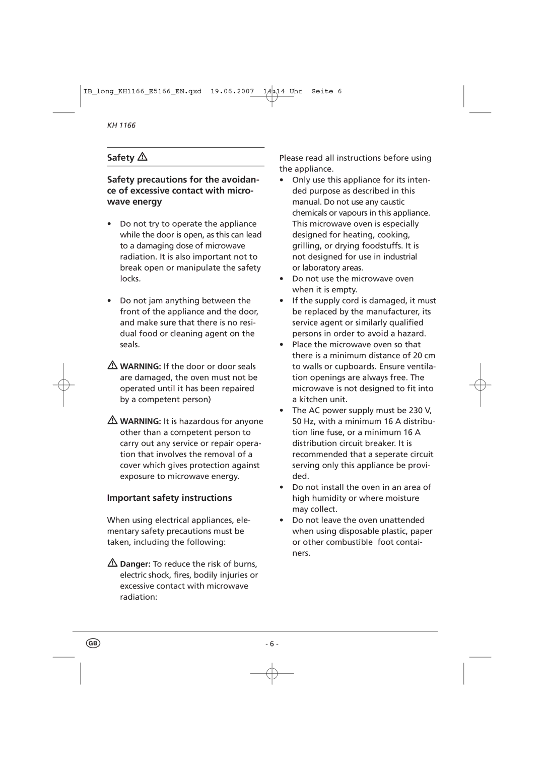 Kompernass KH 1166 manual Important safety instructions 