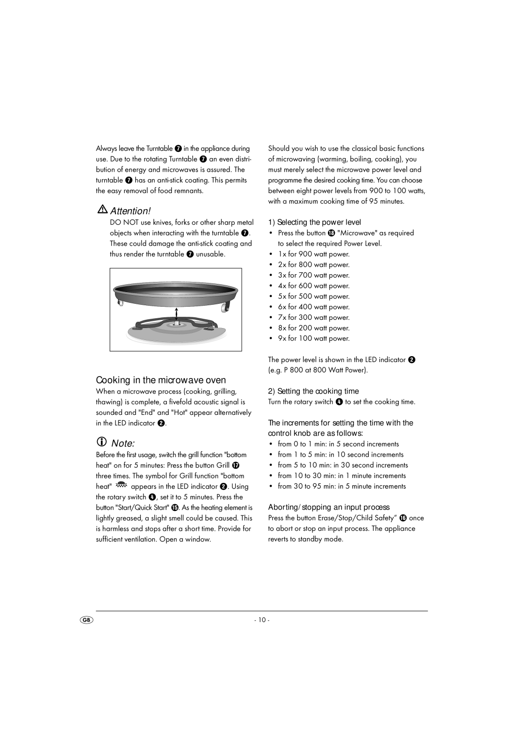 Kompernass KH 1167 operating instructions Cooking in the microwave oven, Selecting the power level 