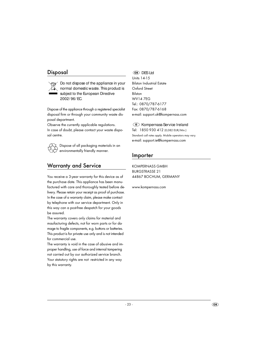 Kompernass KH 1167 operating instructions Disposal, Importer, Warranty and Service 