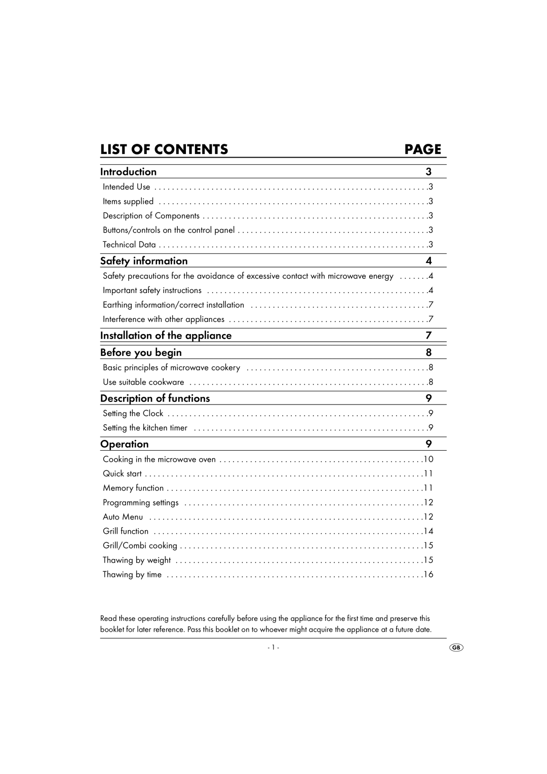 Kompernass KH 1167 operating instructions List of Contents 