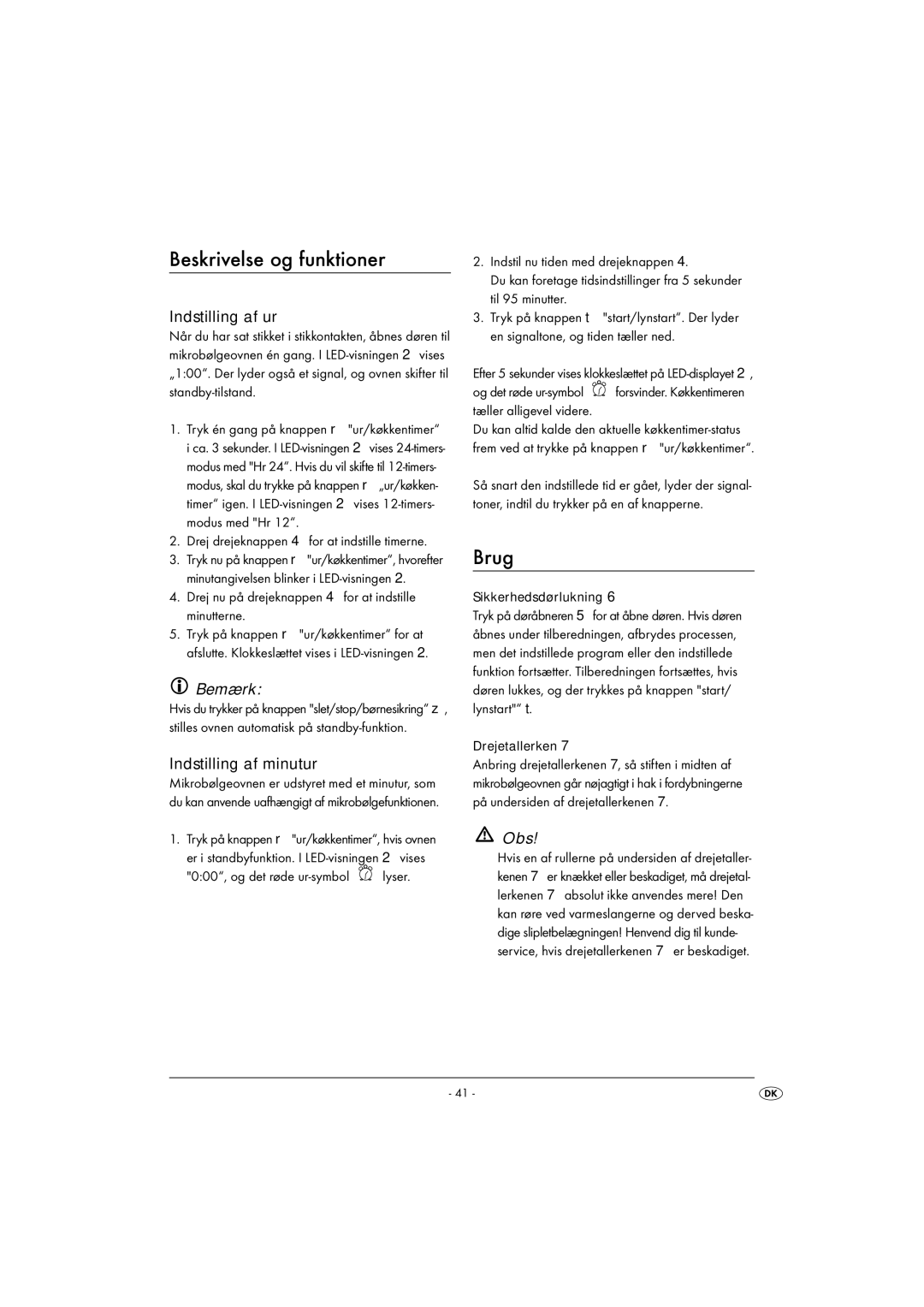 Kompernass KH 1167 operating instructions Beskrivelse og funktioner, Brug, Indstilling af ur, Indstilling af minutur 