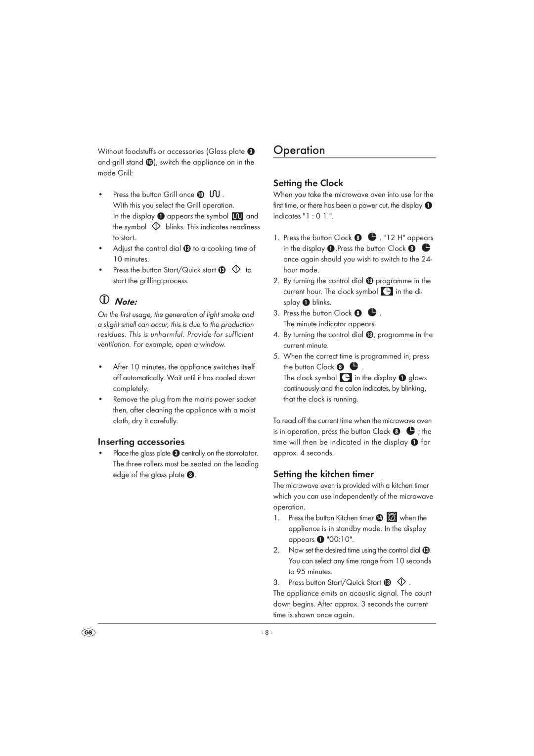 Kompernass KH 1168 manual Operation, Inserting accessories, Setting the Clock, Setting the kitchen timer 