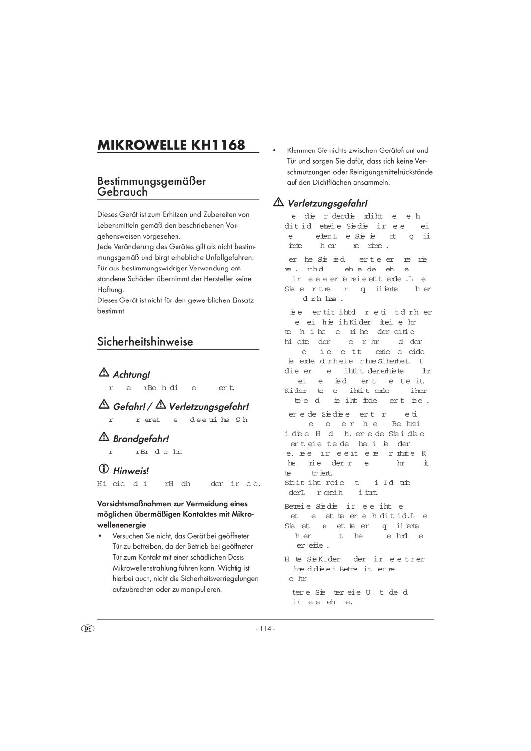 Kompernass KH 1168 manual Mikrowelle KH1168, Bestimmungsgemäßer Gebrauch, Sicherheitshinweise 