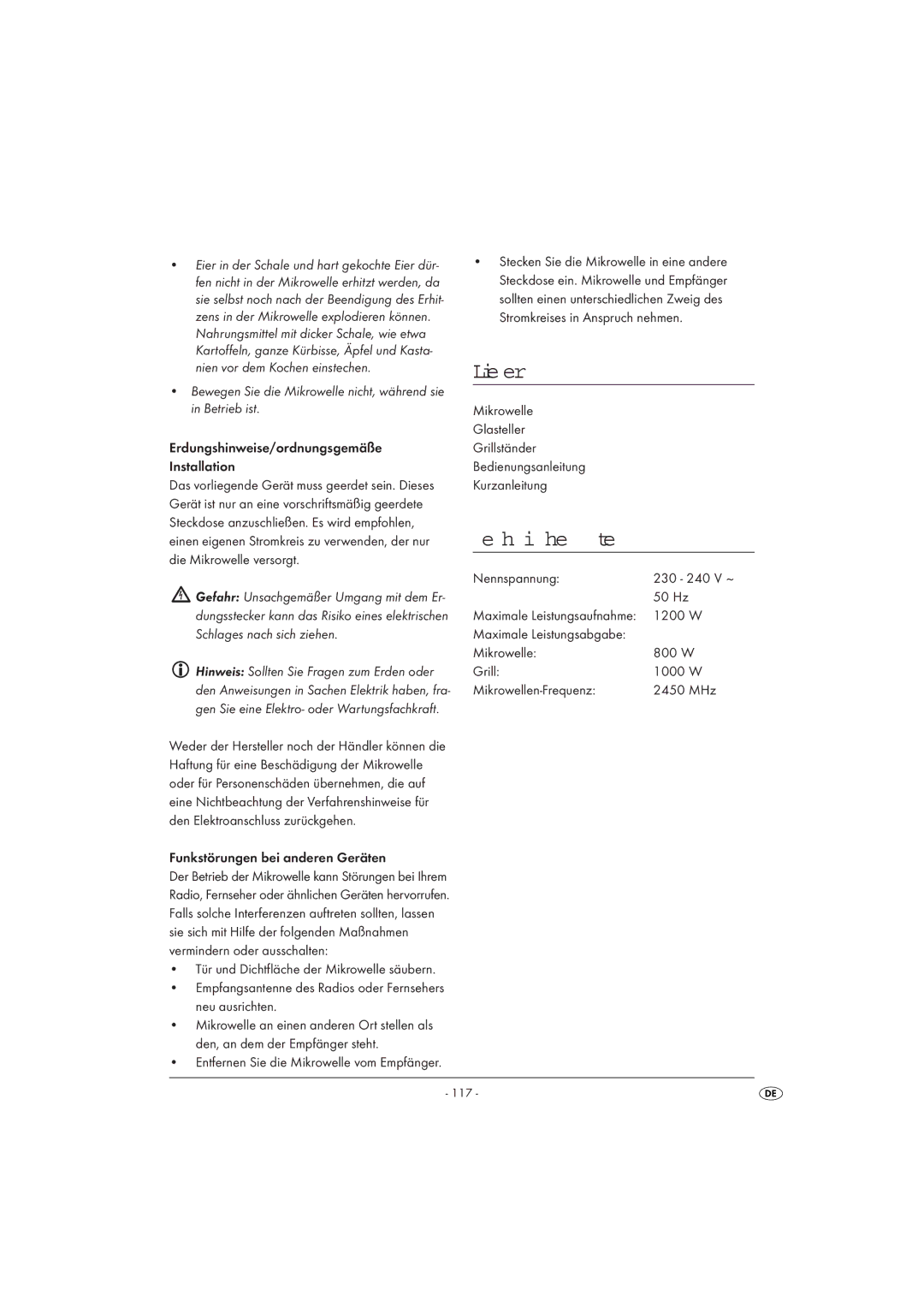 Kompernass KH 1168 manual Lieferumfang, Technische Daten, Funkstörungen bei anderen Geräten, Nennspannung 