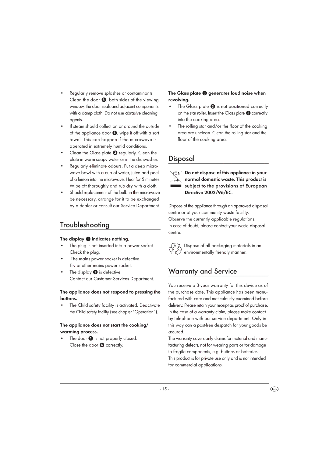 Kompernass KH 1168 manual Troubleshooting, Disposal, Warranty and Service 