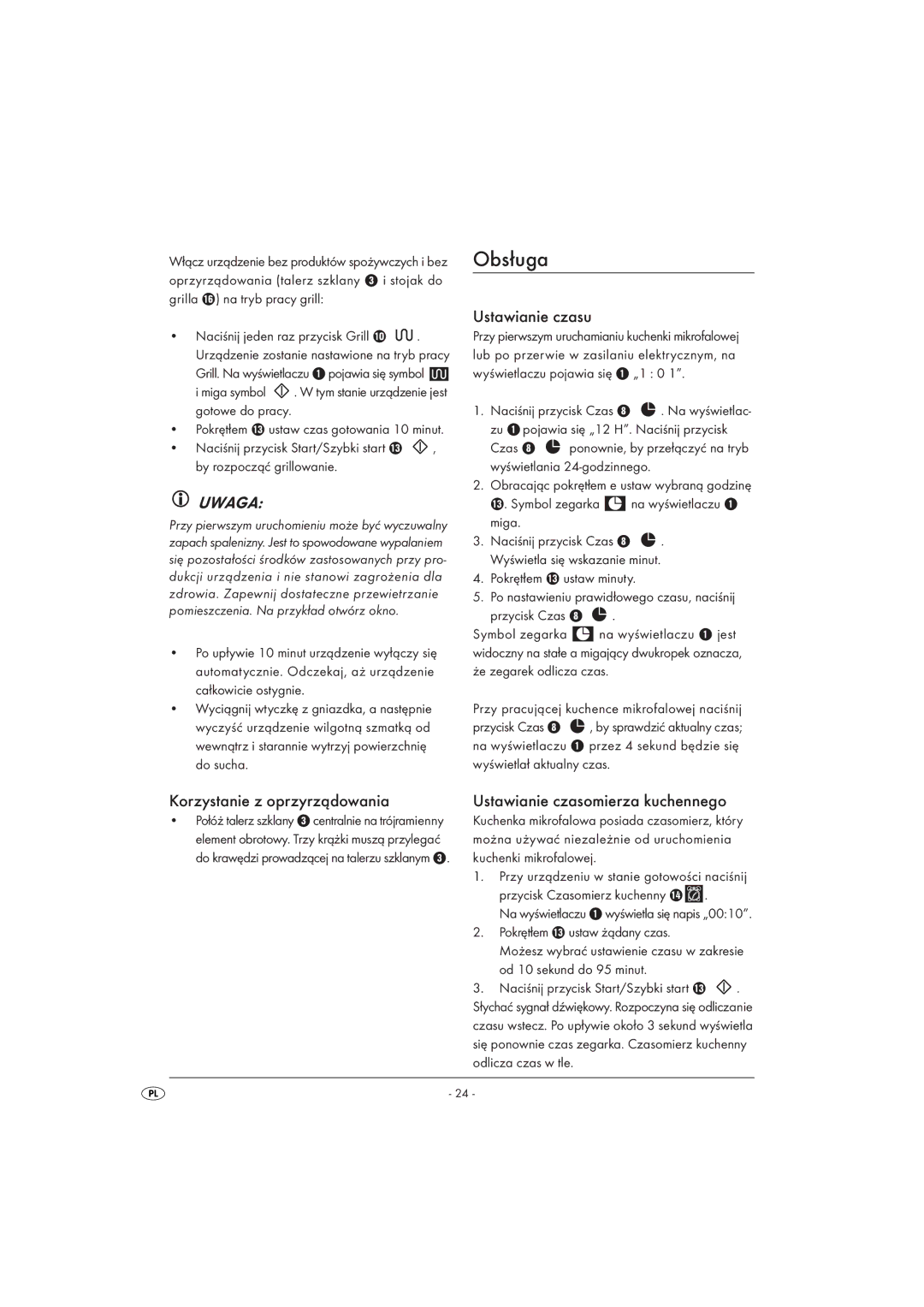 Kompernass KH 1168 manual Obsługa, Ustawianie czasu, Korzystanie z oprzyrządowania, Ustawianie czasomierza kuchennego 