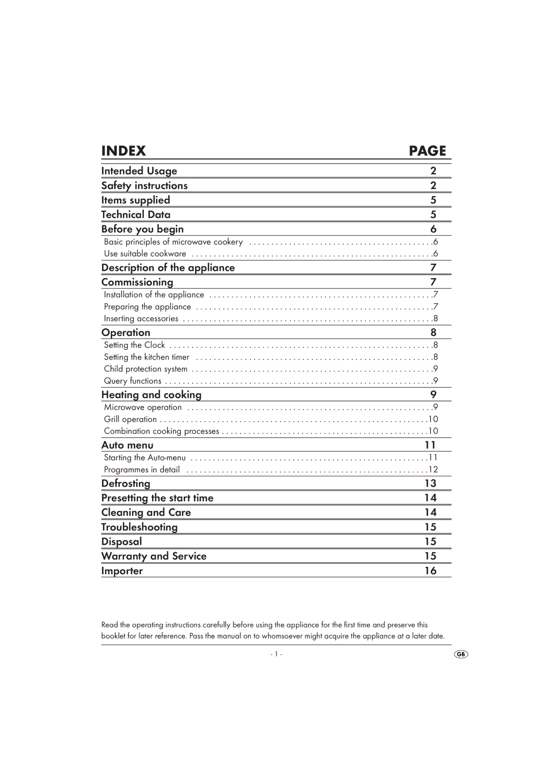 Kompernass KH 1168 manual Index, Basic principles of microwave cookery Use suitable cookware 