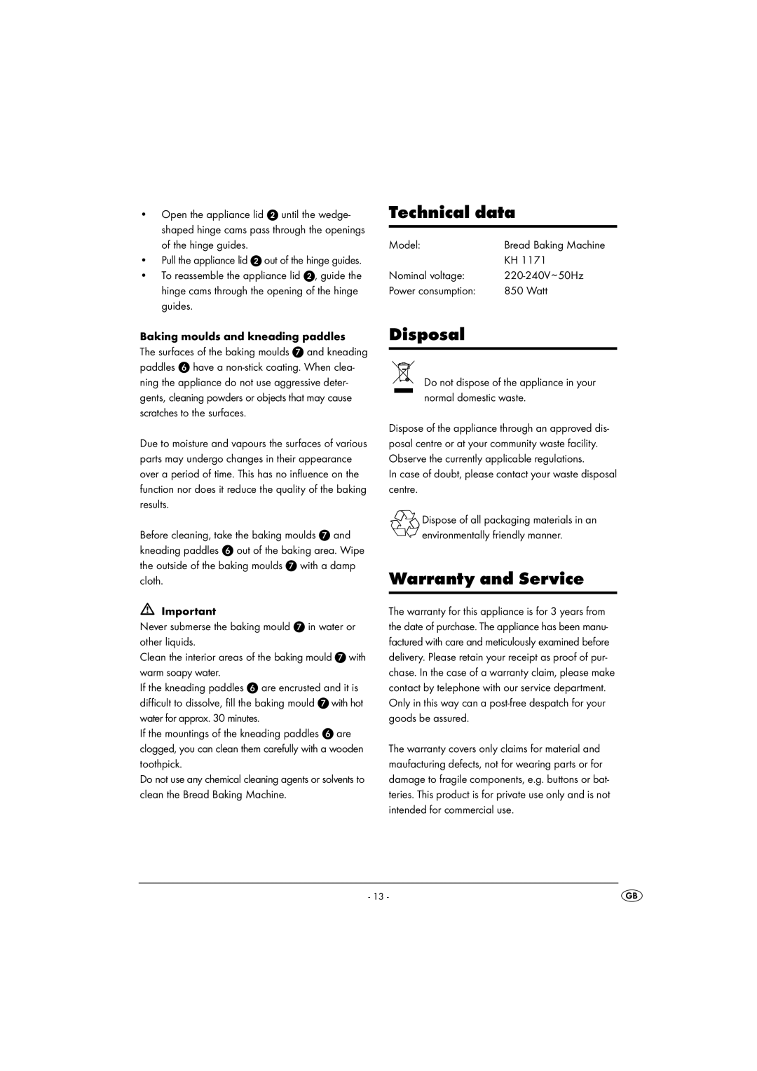 Kompernass KH 1171 manual Technical data, Disposal, Warranty and Service 