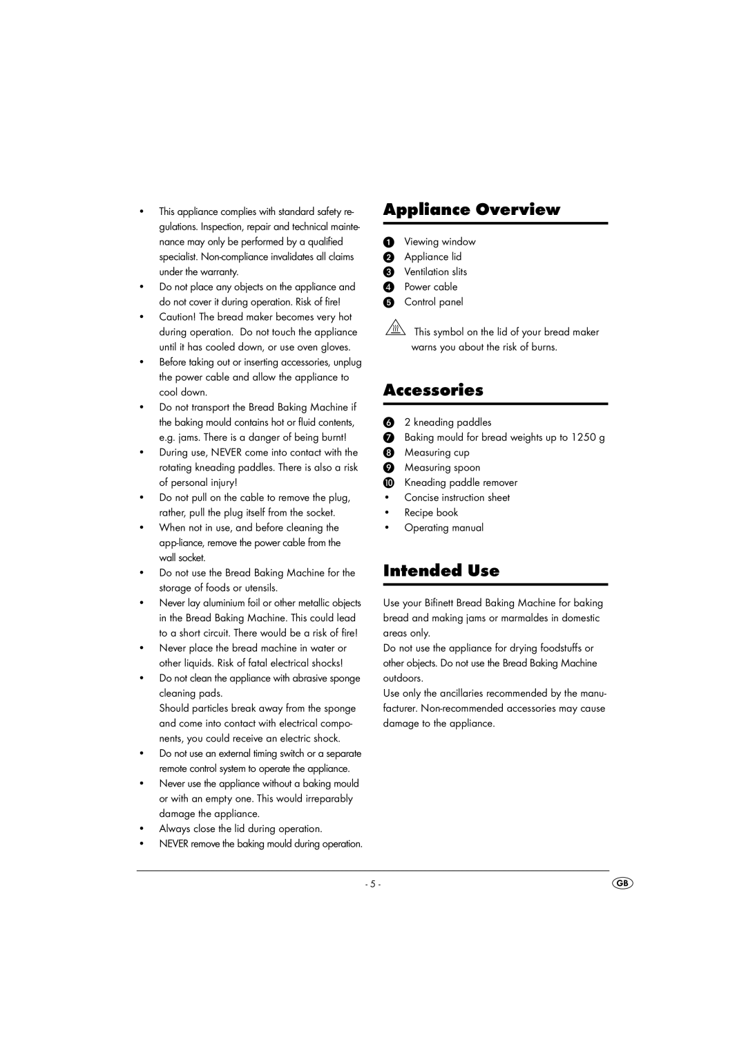 Kompernass KH 1171 manual Appliance Overview, Accessories, Intended Use, Always close the lid during operation 