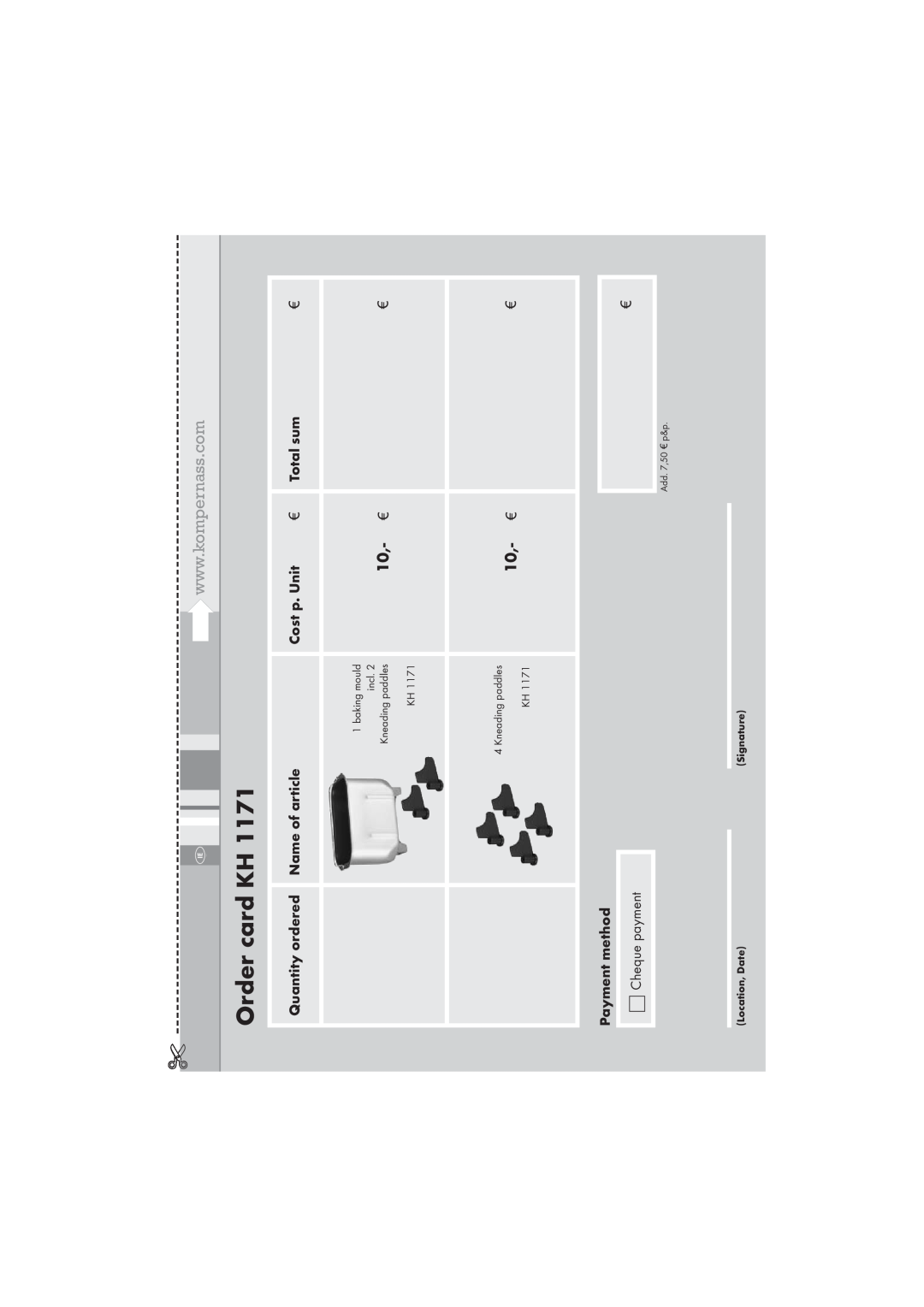 Kompernass KH 1171 manual Order card KH, 10,- €, Add. 7,50 € p&p 