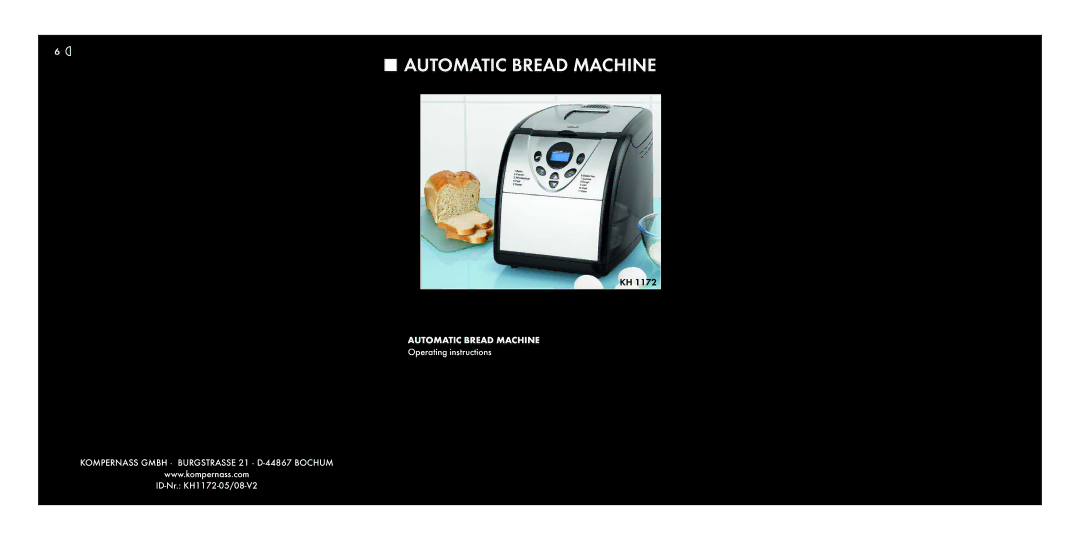 Kompernass KH 1172 manual Automatic Bread Machine 