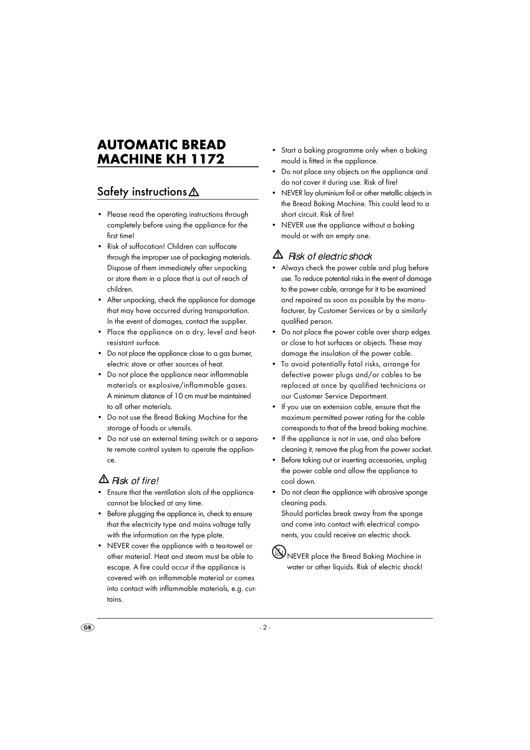 Kompernass KH 1172 manual Safety instructions, Risk of fire, Risk of electric shock 