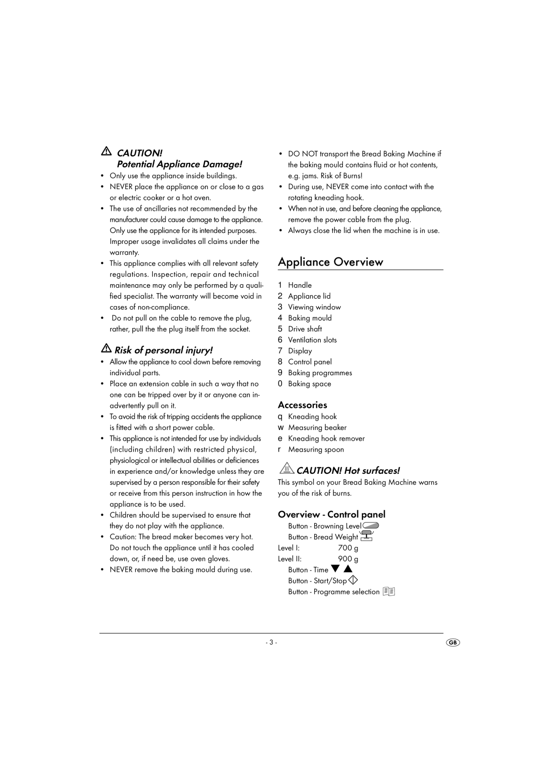 Kompernass KH 1172 manual Appliance Overview, Potential Appliance Damage, Risk of personal injury, Accessories 