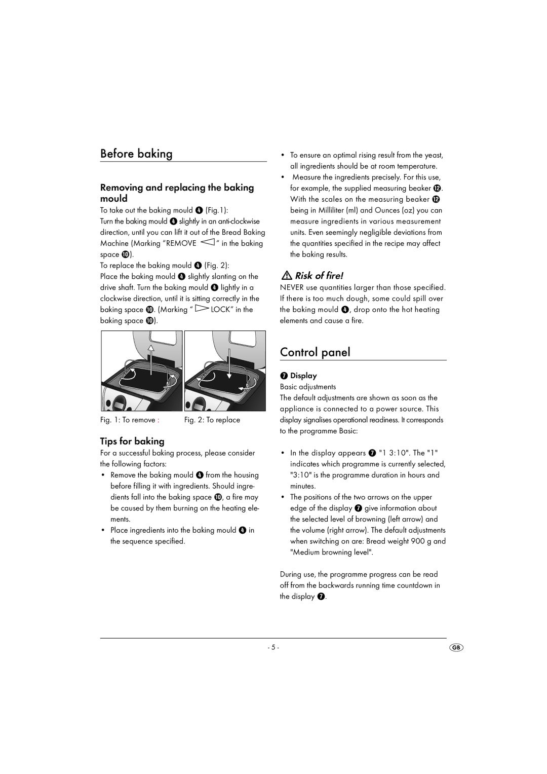 Kompernass KH 1172 manual Before baking, Control panel, Removing and replacing the baking mould, Tips for baking 