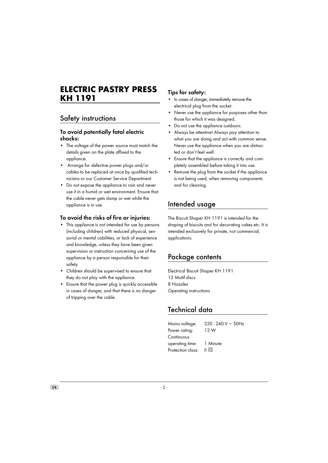 Kompernass KH 1191 operating instructions Safety instructions, Intended usage, Package contents, Technical data 