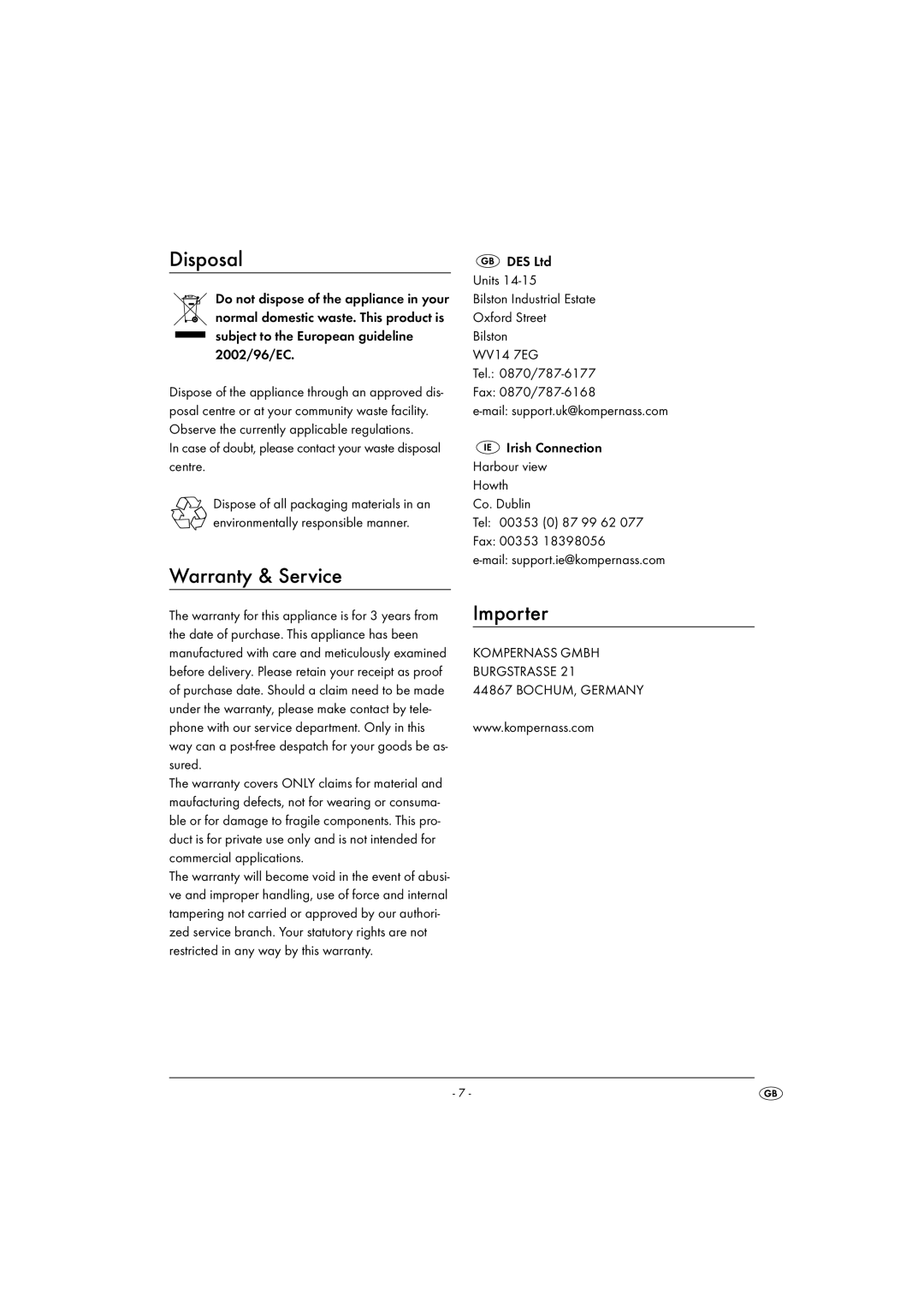 Kompernass KH 1191 operating instructions Disposal, Warranty & Service, Importer 