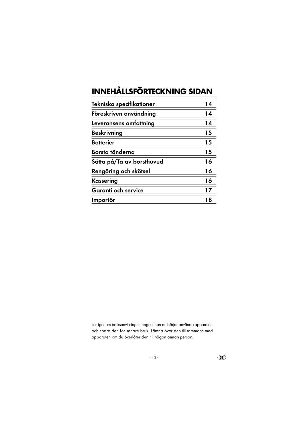 Kompernass KH 120 operating instructions Innehållsförteckning Sidan 