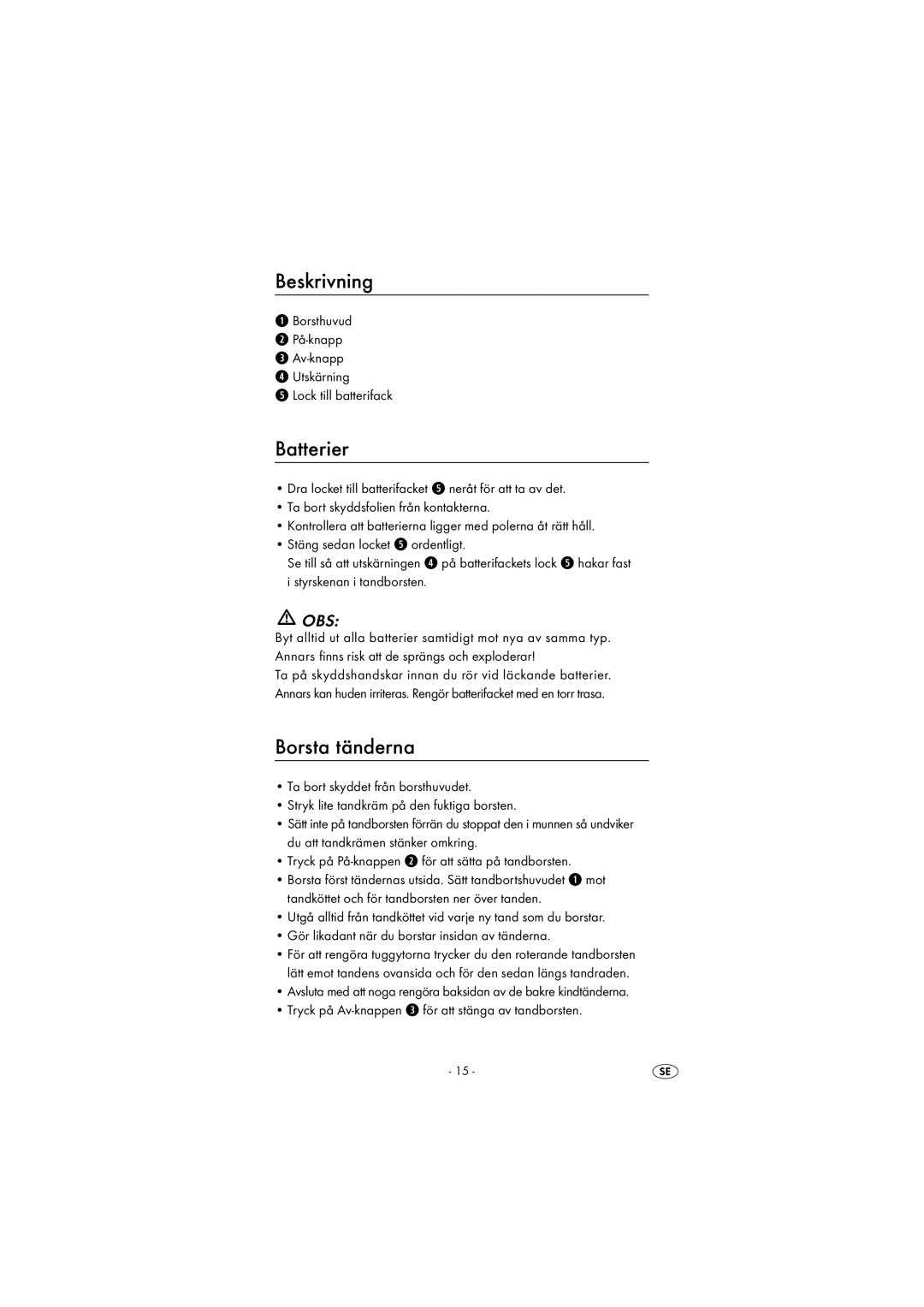 Kompernass KH 120 operating instructions Beskrivning, Batterier, Borsta tänderna 