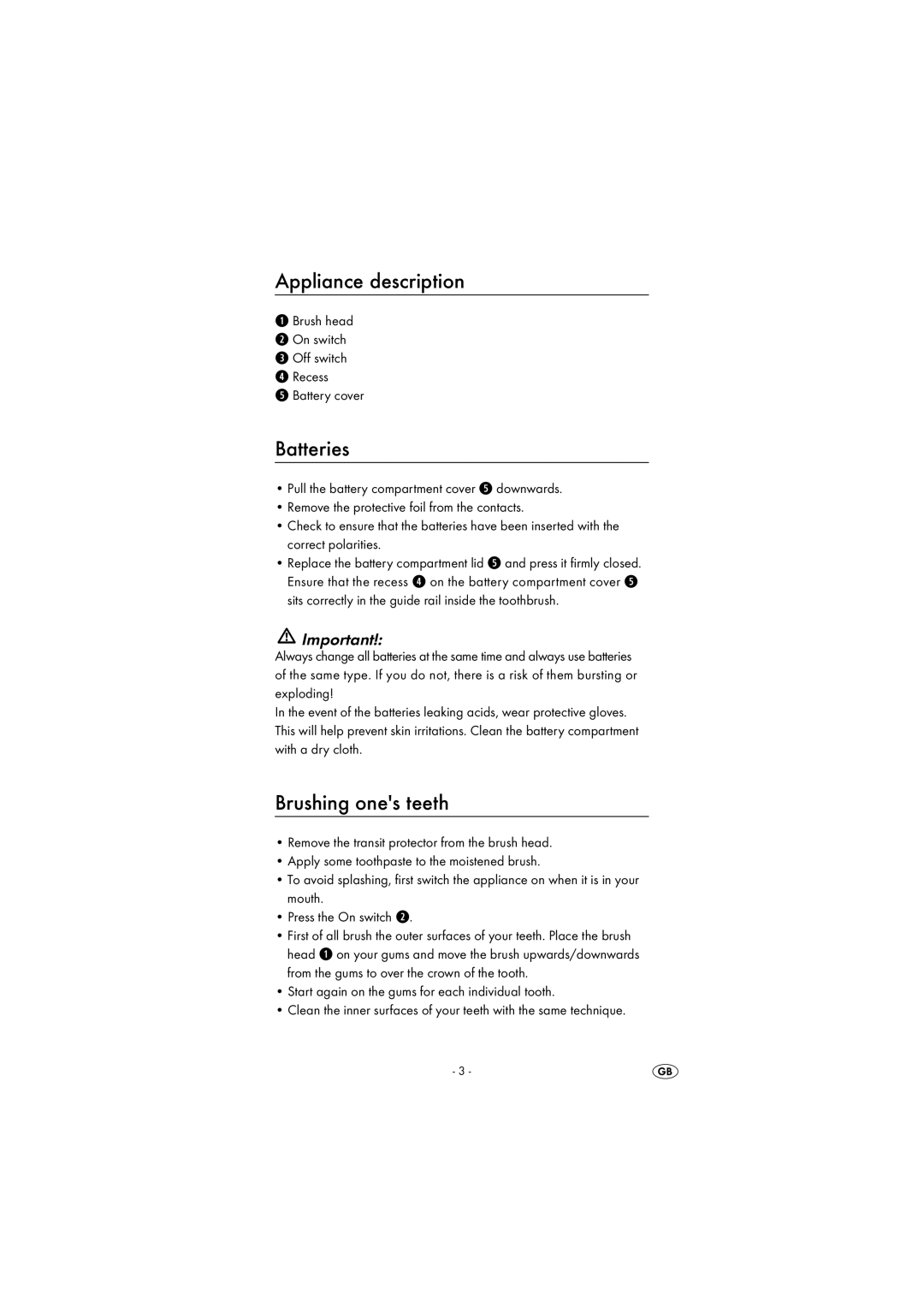 Kompernass KH 120 operating instructions Appliance description, Batteries, Brushing ones teeth 