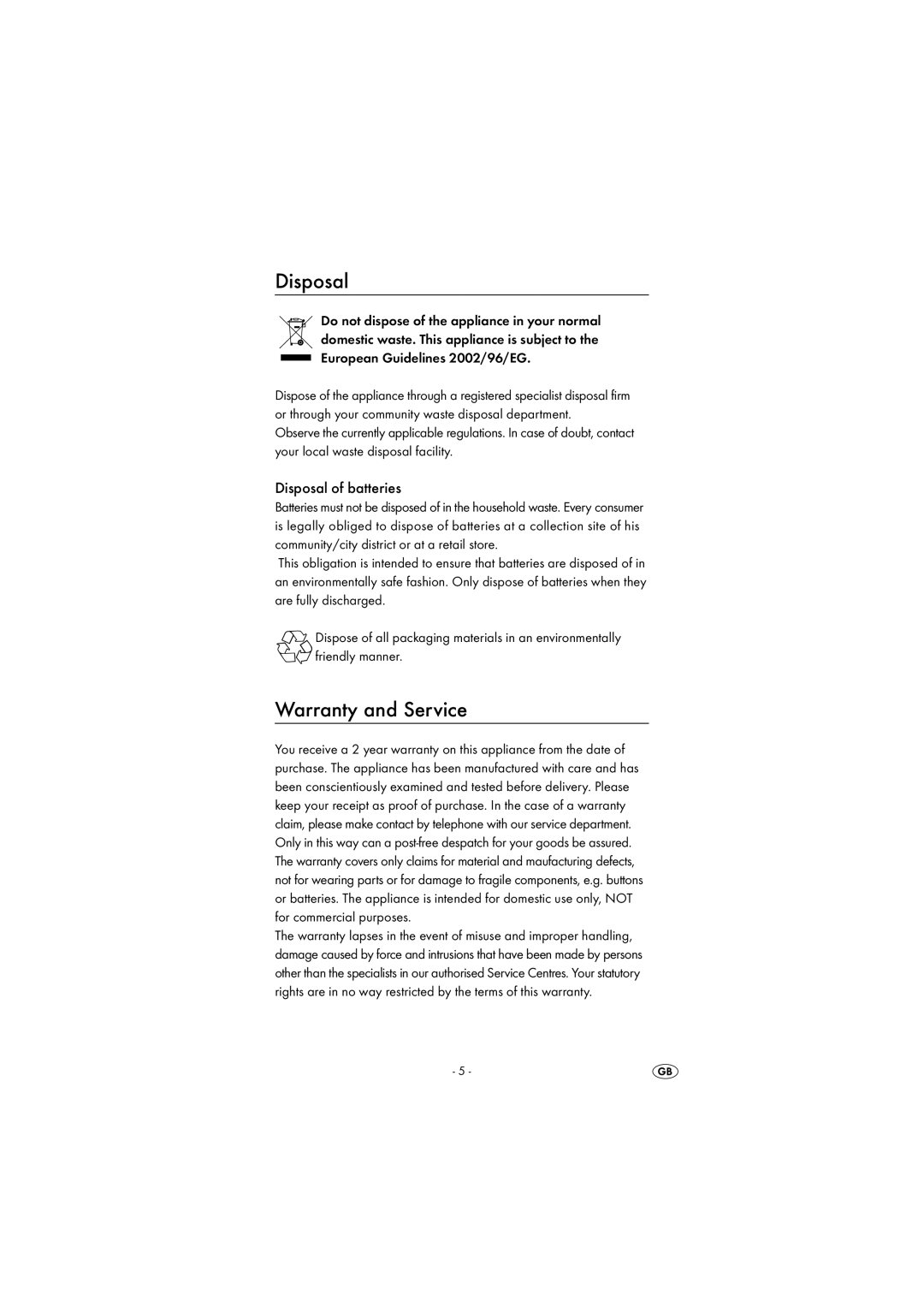 Kompernass KH 120 operating instructions Disposal, Warranty and Service 