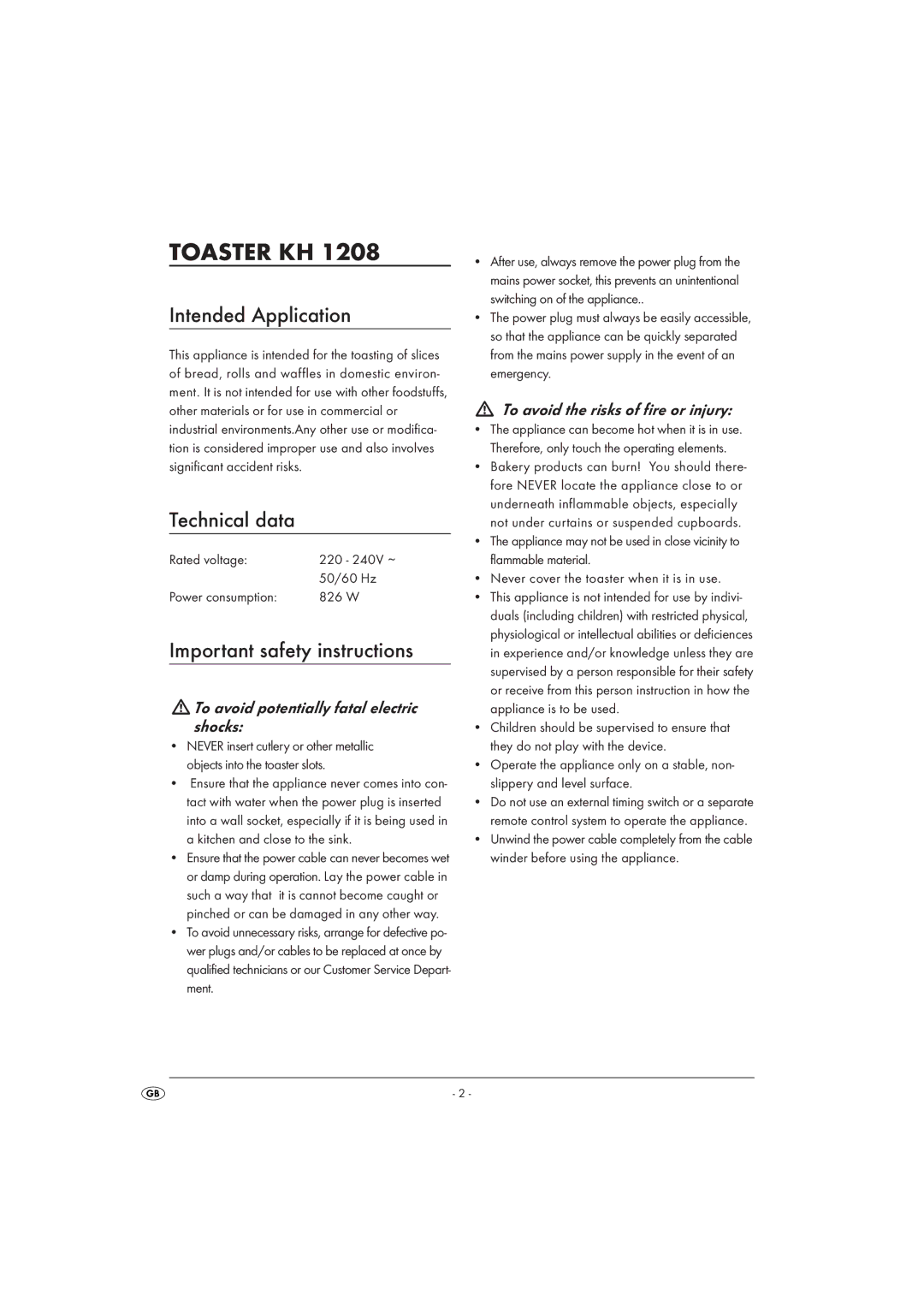 Kompernass KH 1208 operating instructions Toaster KH, Intended Application, Technical data, Important safety instructions 