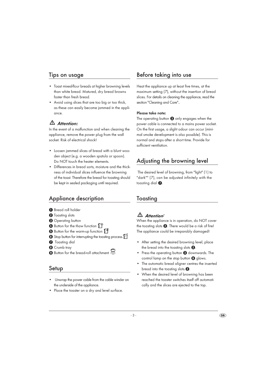 Kompernass KH 1208 Tips on usage Before taking into use, Adjusting the browning level, Appliance description, Setup 