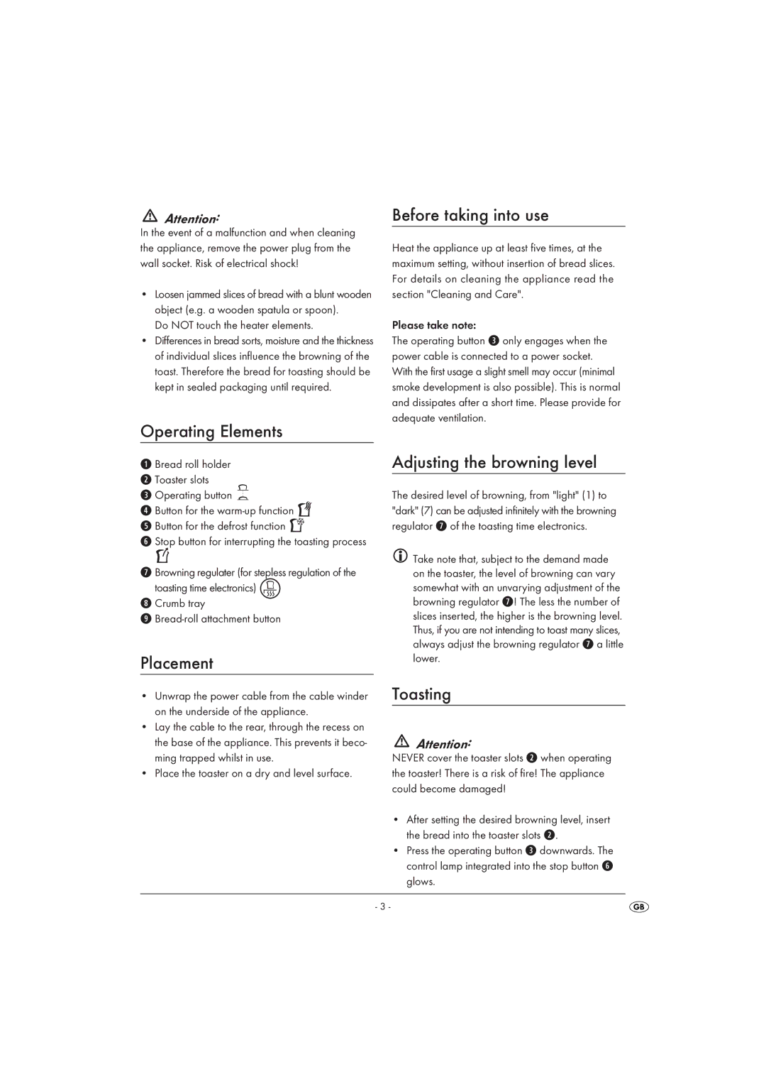 Kompernass KH 1209 manual Operating Elements, Placement, Before taking into use, Adjusting the browning level, Toasting 