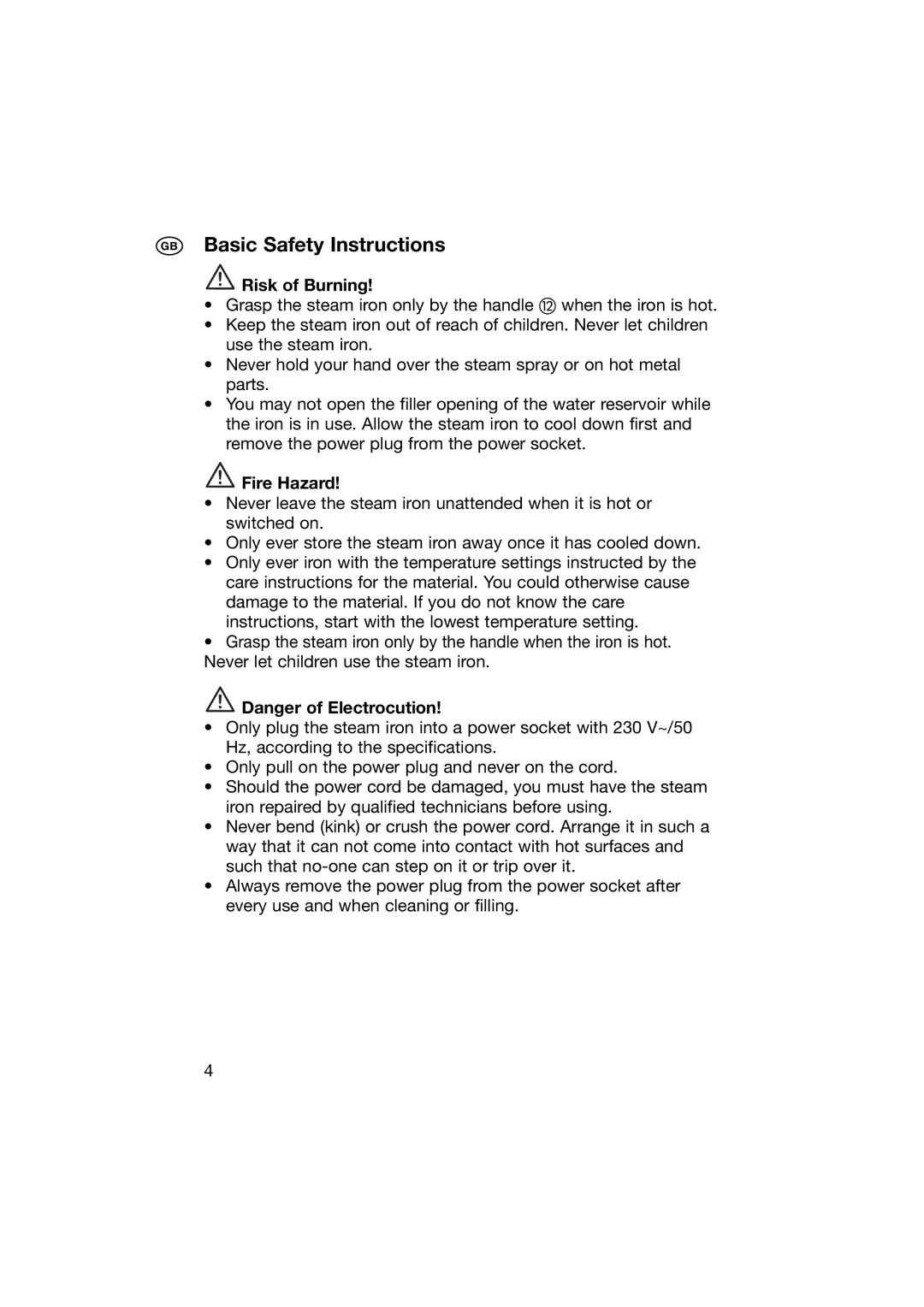 Kompernass KH 1280 manual Basic Safety Instructions, Risk of Burning, Fire Hazard 