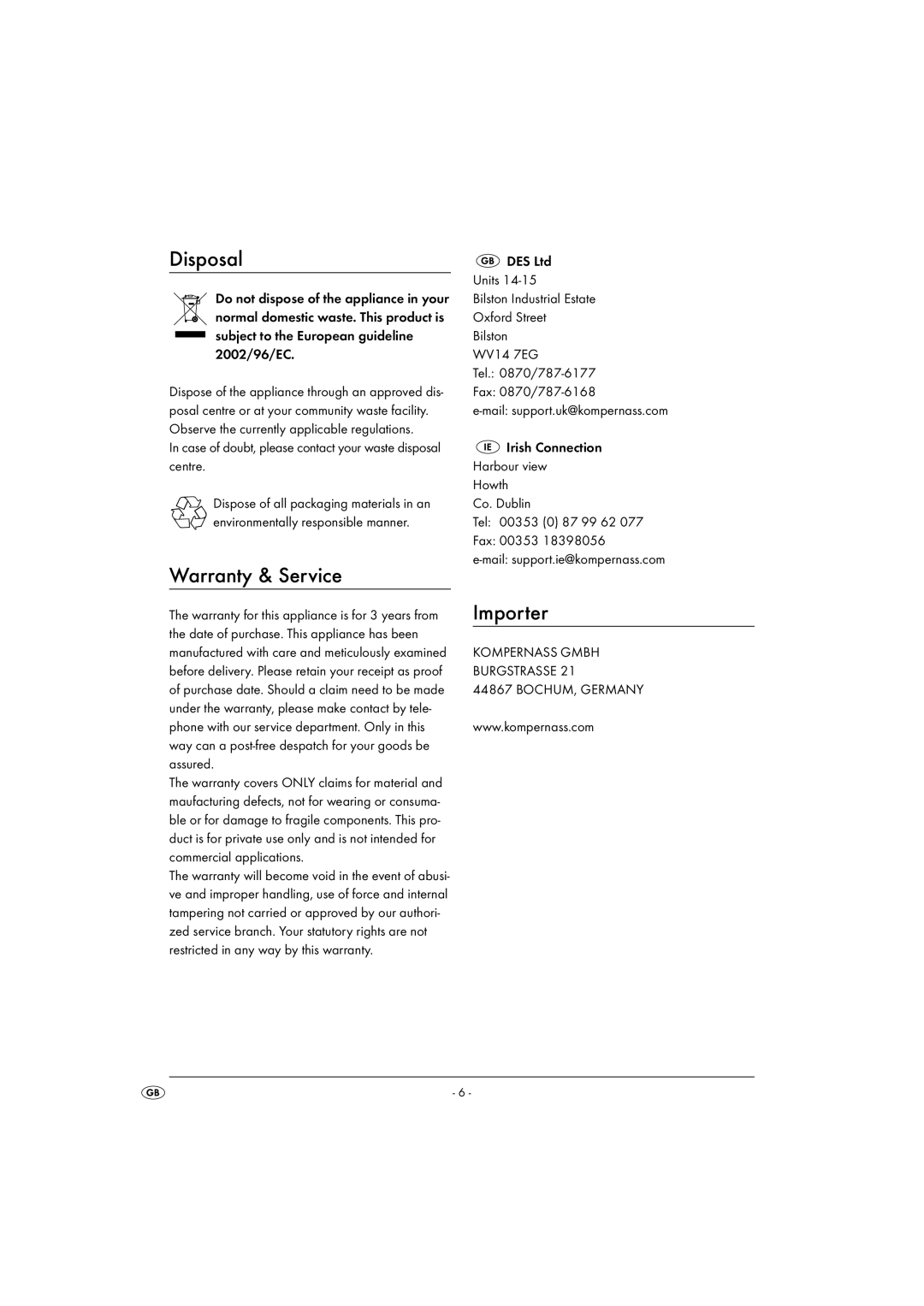 Kompernass KH 1281 operating instructions Disposal, Warranty & Service, Importer 