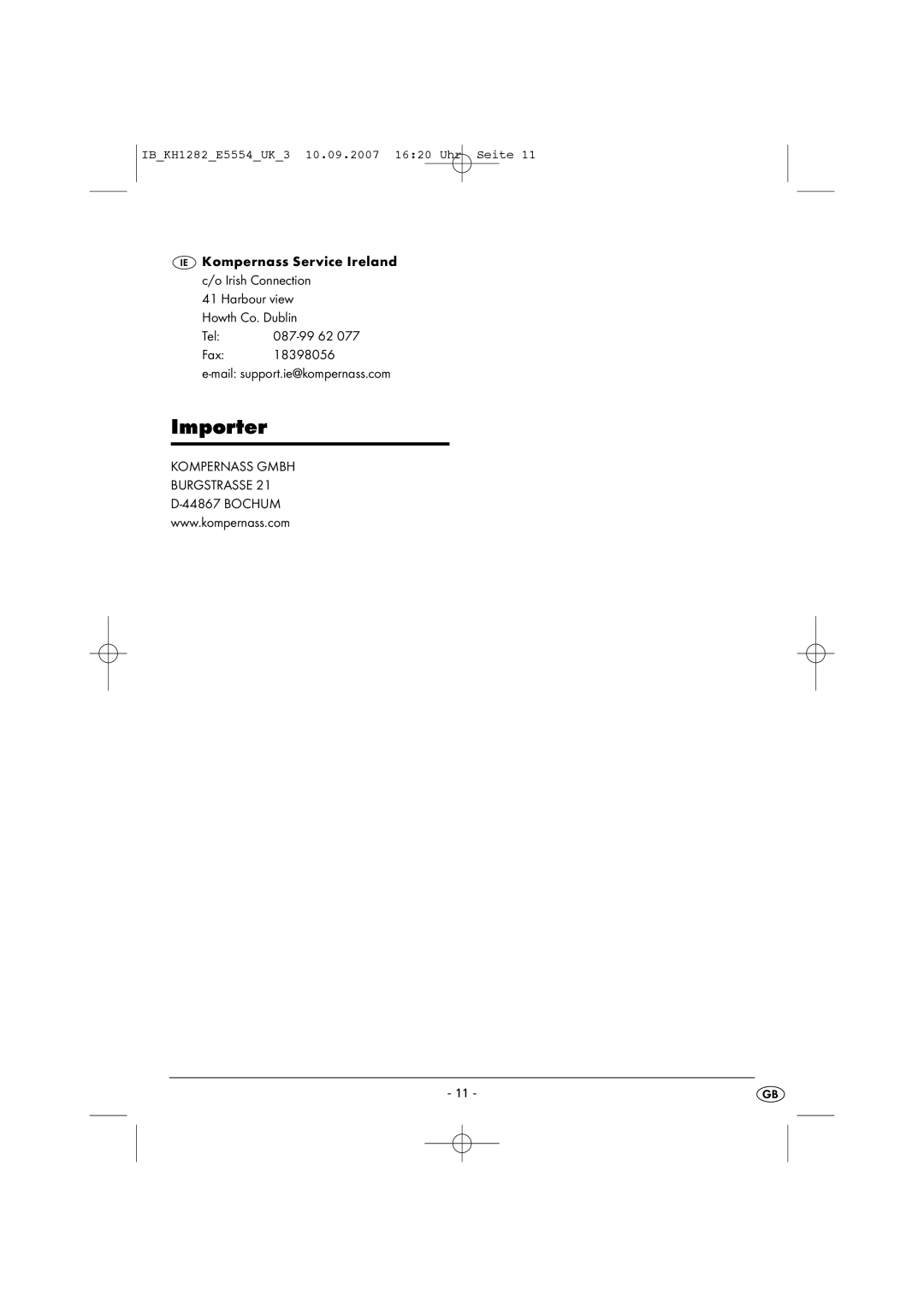 Kompernass KH 1282 operating instructions Importer, Kompernass Service Ireland c/o Irish Connection, Tel, Bochum 