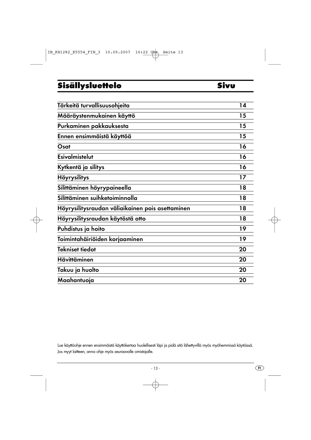 Kompernass KH 1282 operating instructions Sisällysluettelo Sivu 