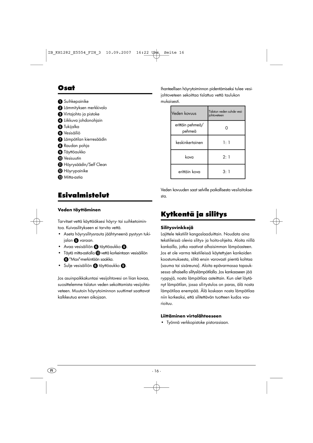 Kompernass KH 1282 operating instructions Osat, Esivalmistelut, Kytkentä ja silitys 