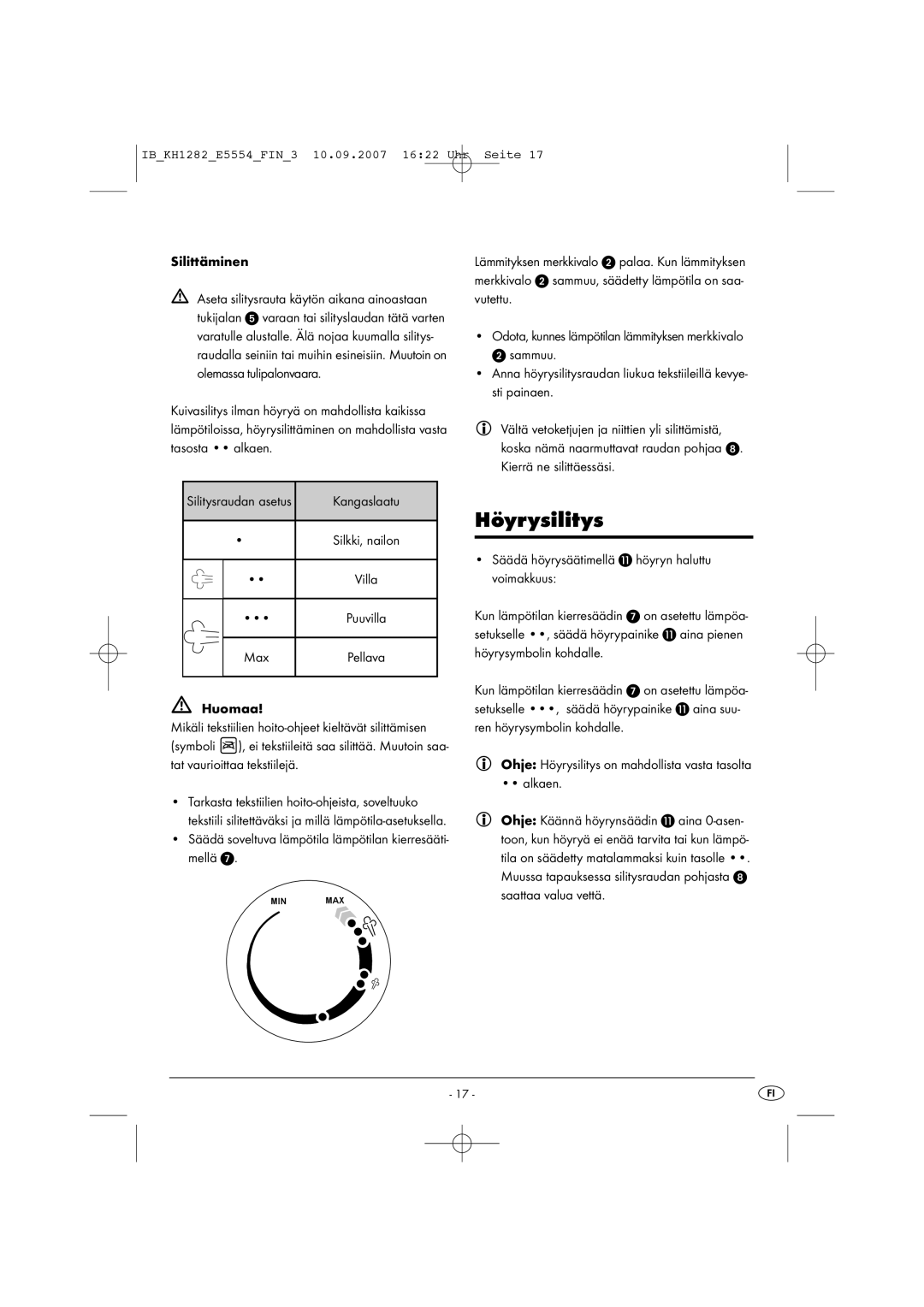 Kompernass KH 1282 operating instructions Höyrysilitys 